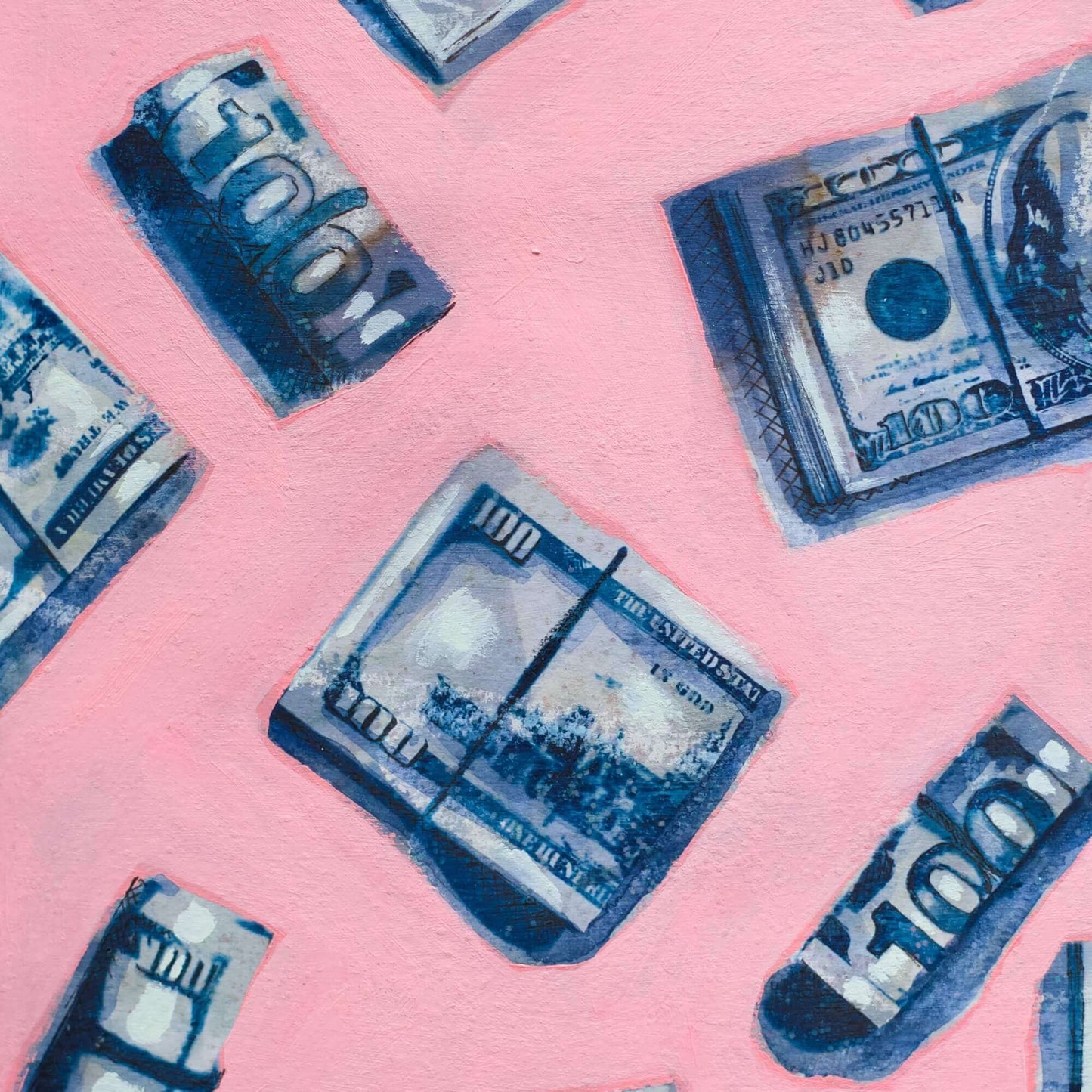 A framed artwork featuring a repeating pattern of blue and white dollar bills on a pink background