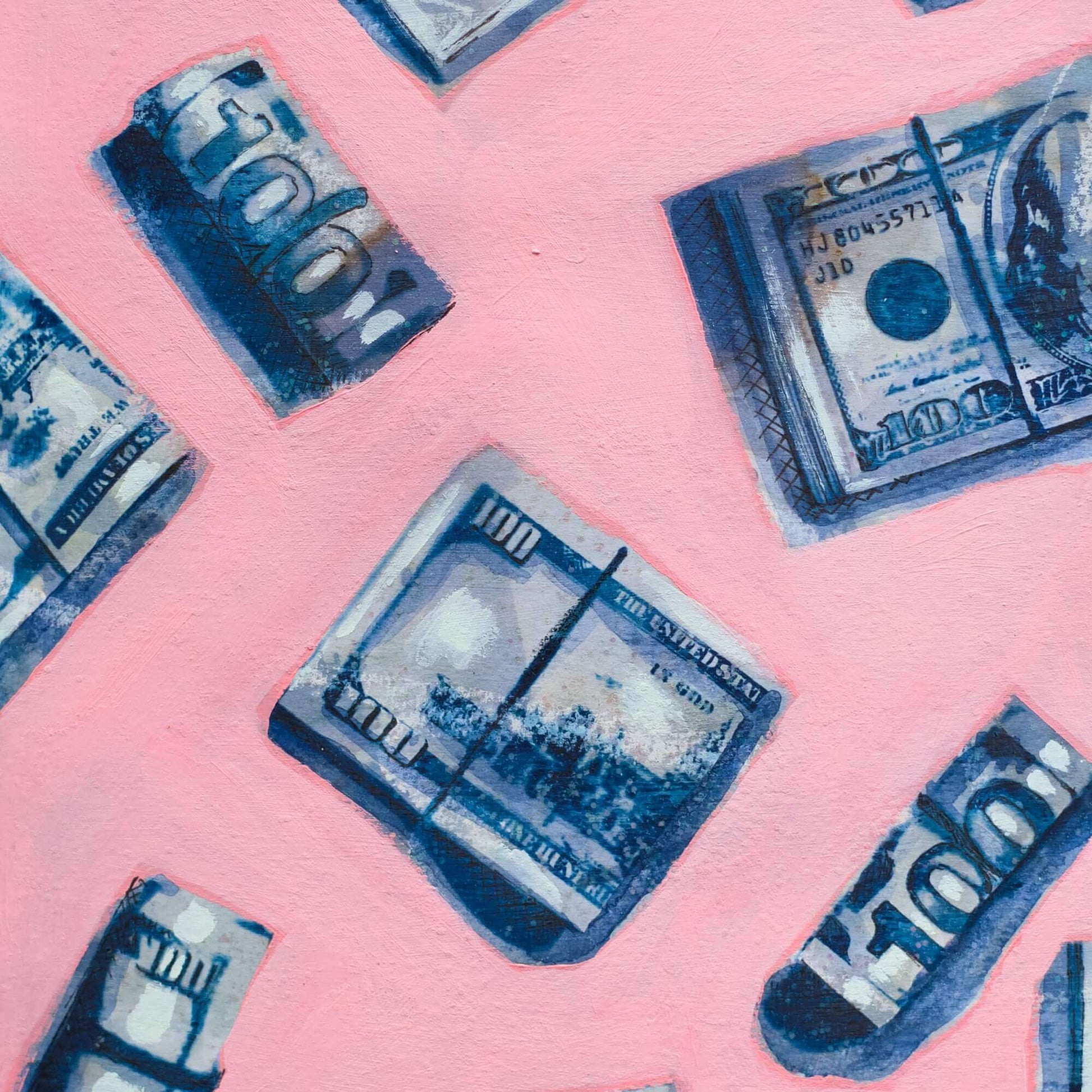 A framed artwork featuring a repeating pattern of blue and white dollar bills on a pink background