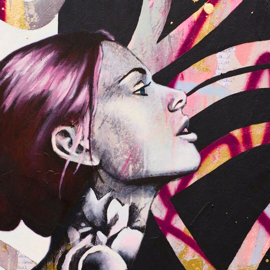 Criss Chaney, Red, Black Grey Magenta, pink, Urban Pop Art,  Contemporary Mixed Media Graffiti Style Fusion, Neo-Feminist Street Art