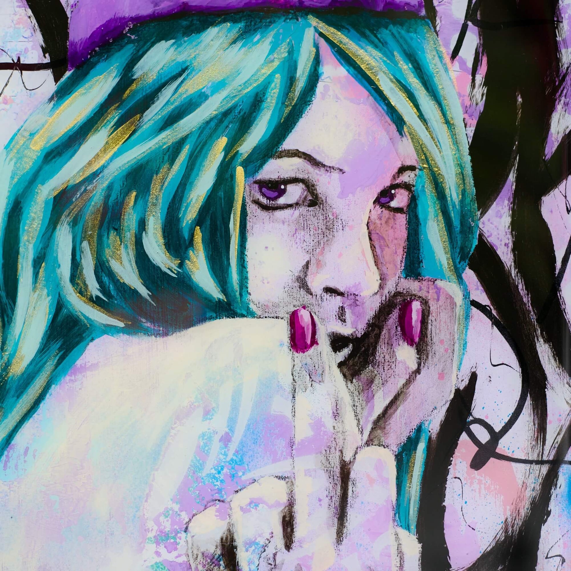 Artwork for Sale – Mini Street Art Style Painting – Teal Purple & Gold – Mixed Media Art - 'Catch' – Art Wall Painting Criss Chaney