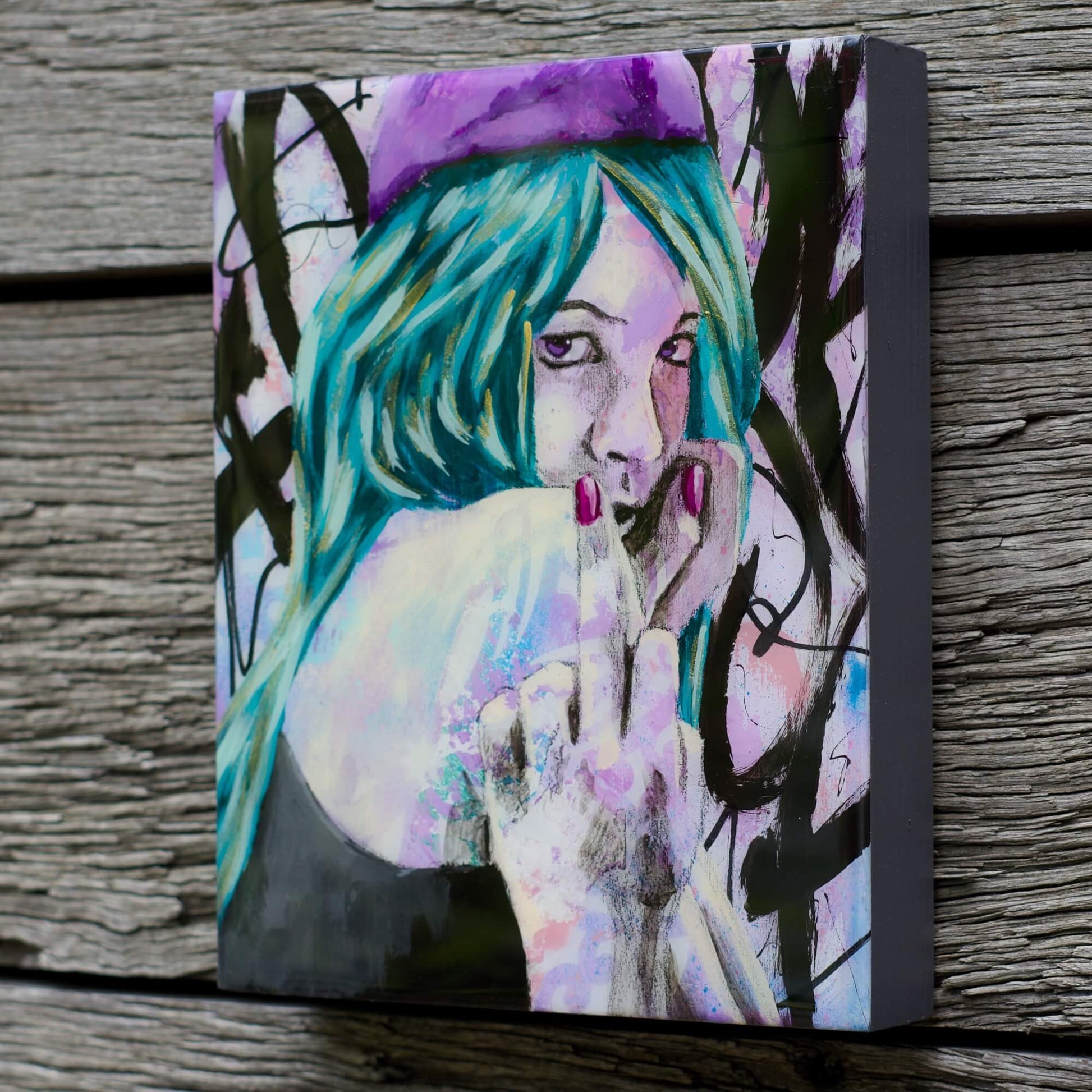 Artwork for Sale – Mini Street Art Style Painting – Teal Purple & Gold – Mixed Media Art - 'Catch' – Art Wall Painting Criss Chaney