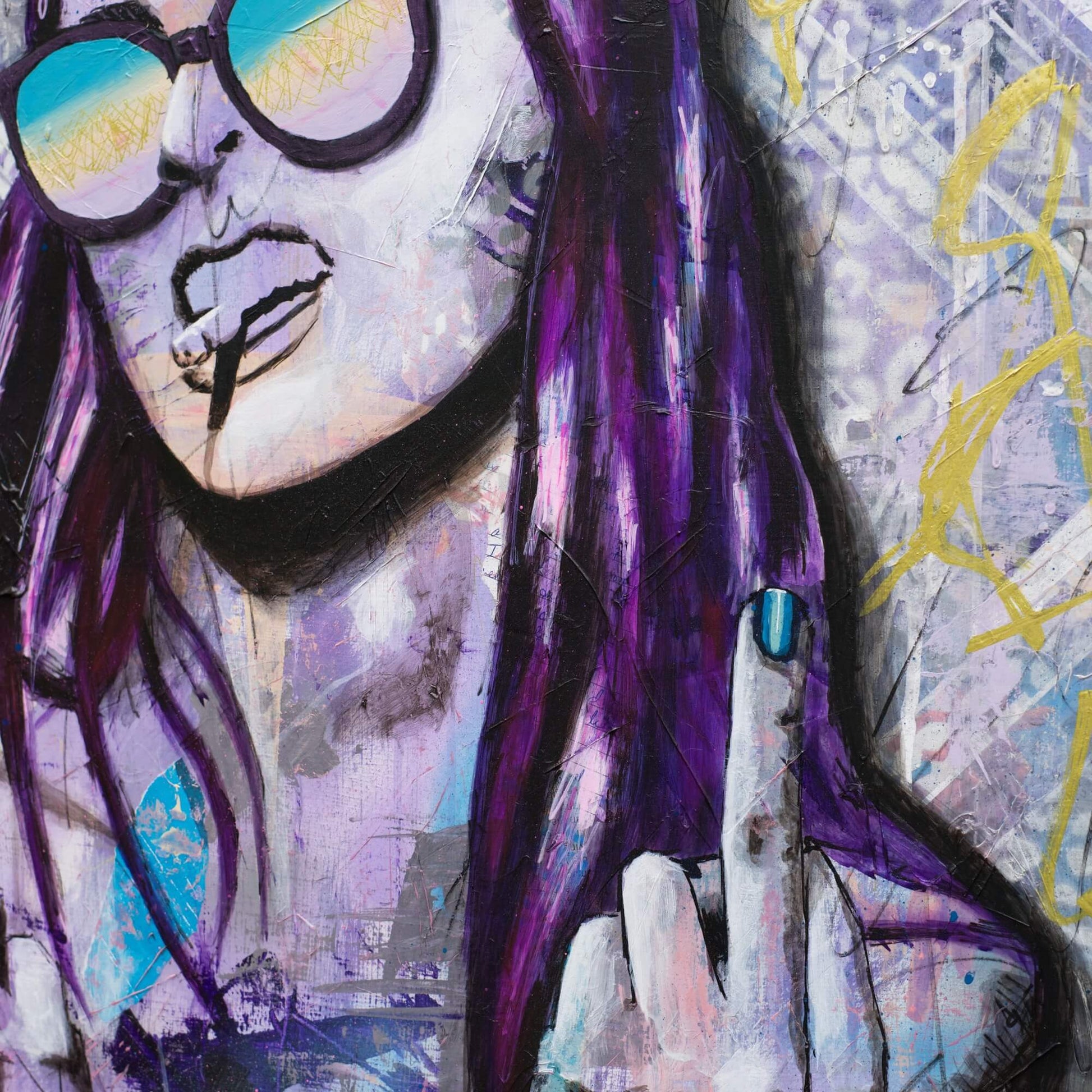 Artworks for Sale – Street Art Paintings of Women – Purple & Gold Painting – 'Cheers to You' – Art Wall Painting by Criss Chaney