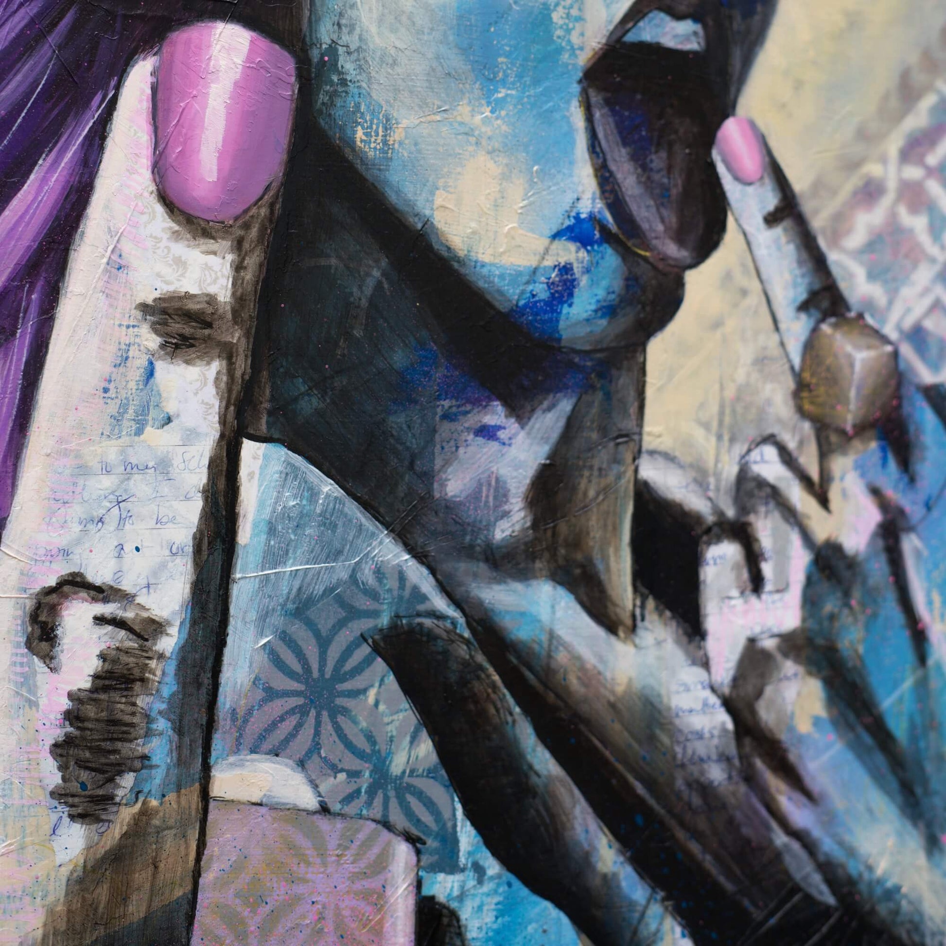 Artworks for Sale –Street Art Paintings of Women – Blue, Gold & Purple Art – 'Come Hither' – Art Wall Painting by Criss Chaney