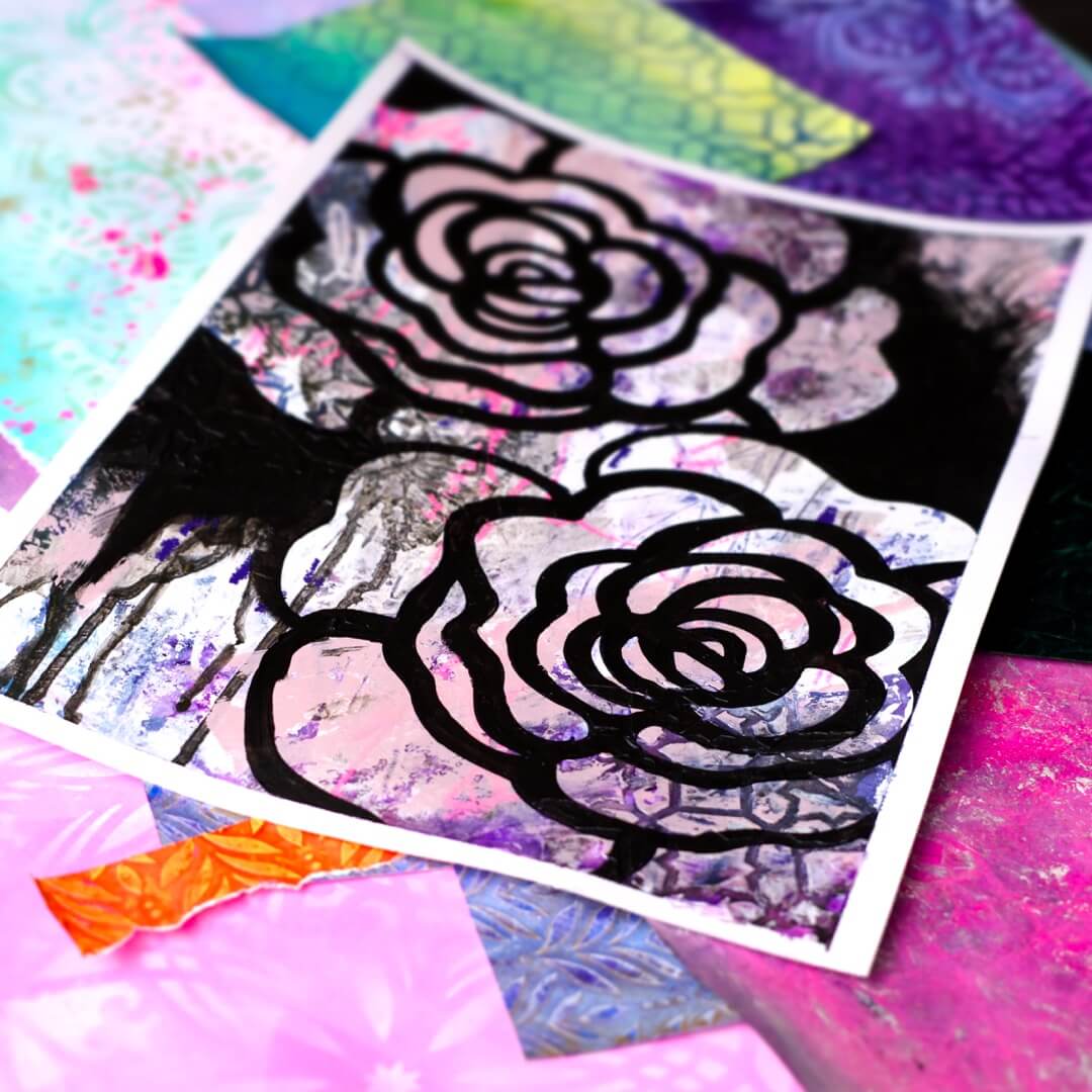 Mixed Media Art Classes Berwick, Narre Warren, Hallam, Pakenham, Officer. Criss Chaney Painting Classes. Black rose designs on colorful textured paper