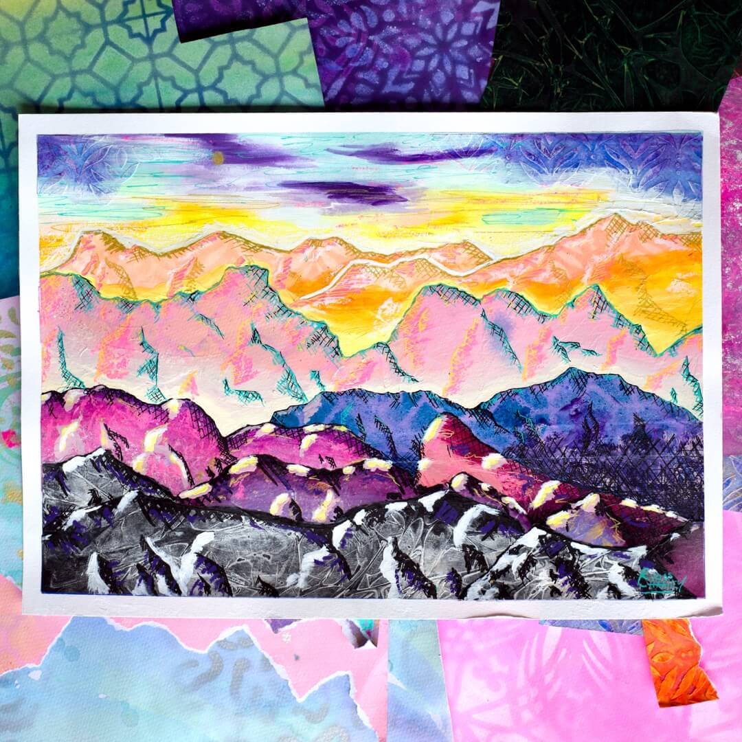 art classes Berwick, Painting Classes Criss Chaney. Colorful mountain landscape painting with a textured background