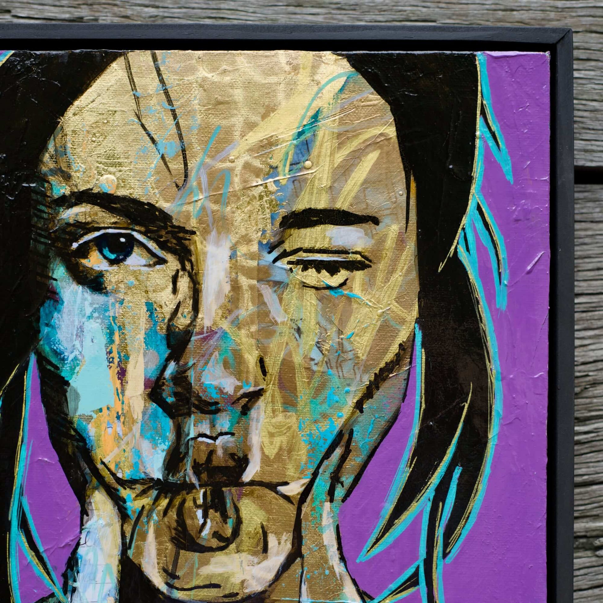 Criss Chaney, gold and purple, Urban Pop Art,  Contemporary Mixed Media Graffiti Style Fusion, Neo-Feminist Street Art