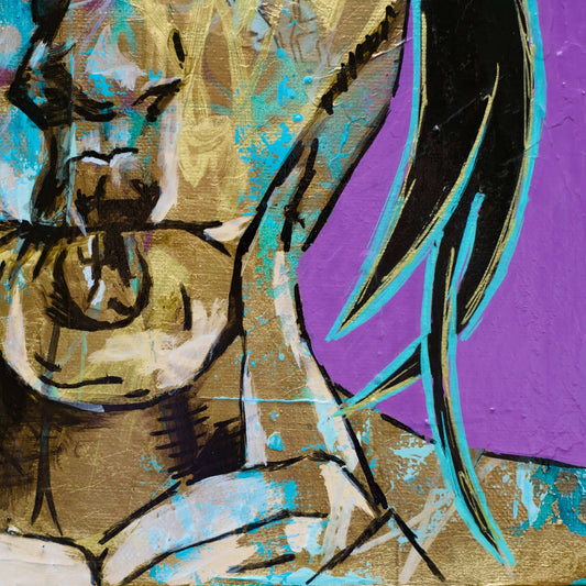 Criss Chaney, gold and purple, Urban Pop Art,  Contemporary Mixed Media Graffiti Style Fusion, Neo-Feminist Street Art