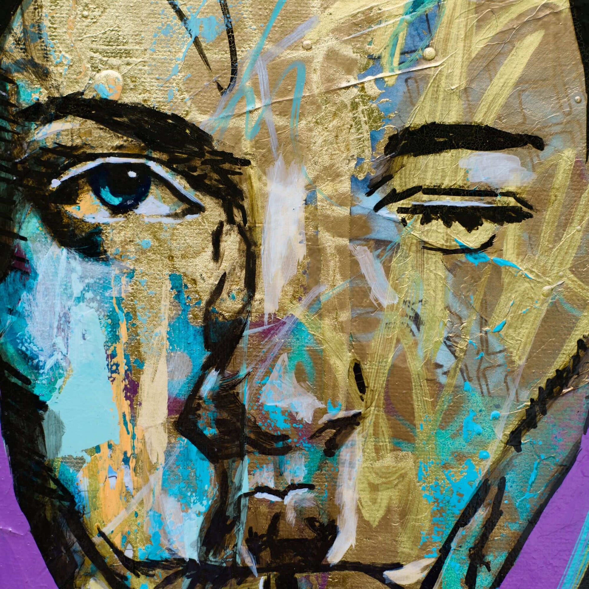 Criss Chaney, gold and purple, Urban Pop Art,  Contemporary Mixed Media Graffiti Style Fusion, Neo-Feminist Street Art