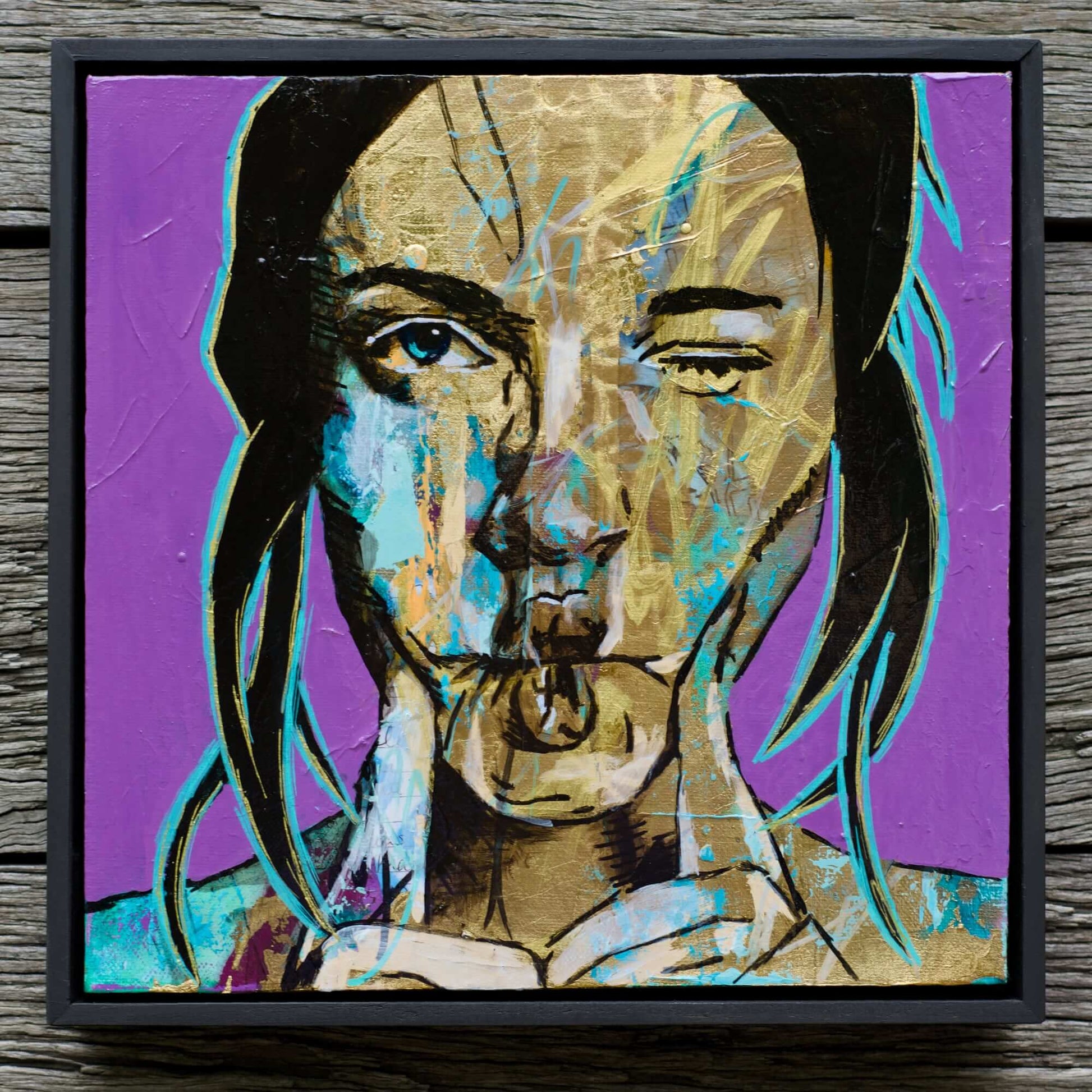 Criss Chaney, gold and purple, Urban Pop Art,  Contemporary Mixed Media Graffiti Style Fusion, Neo-Feminist Street Art