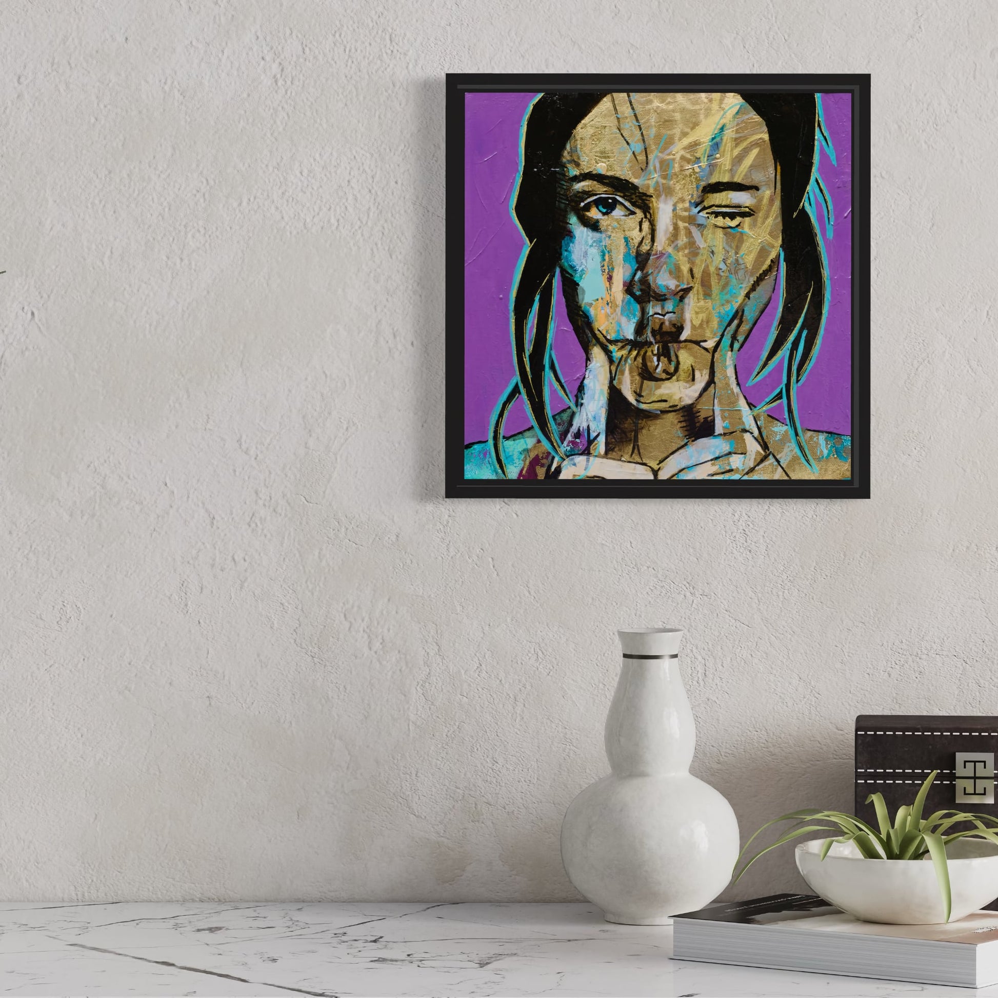 Criss Chaney, gold and purple, Urban Pop Art,  Contemporary Mixed Media Graffiti Style Fusion, Neo-Feminist Street Art