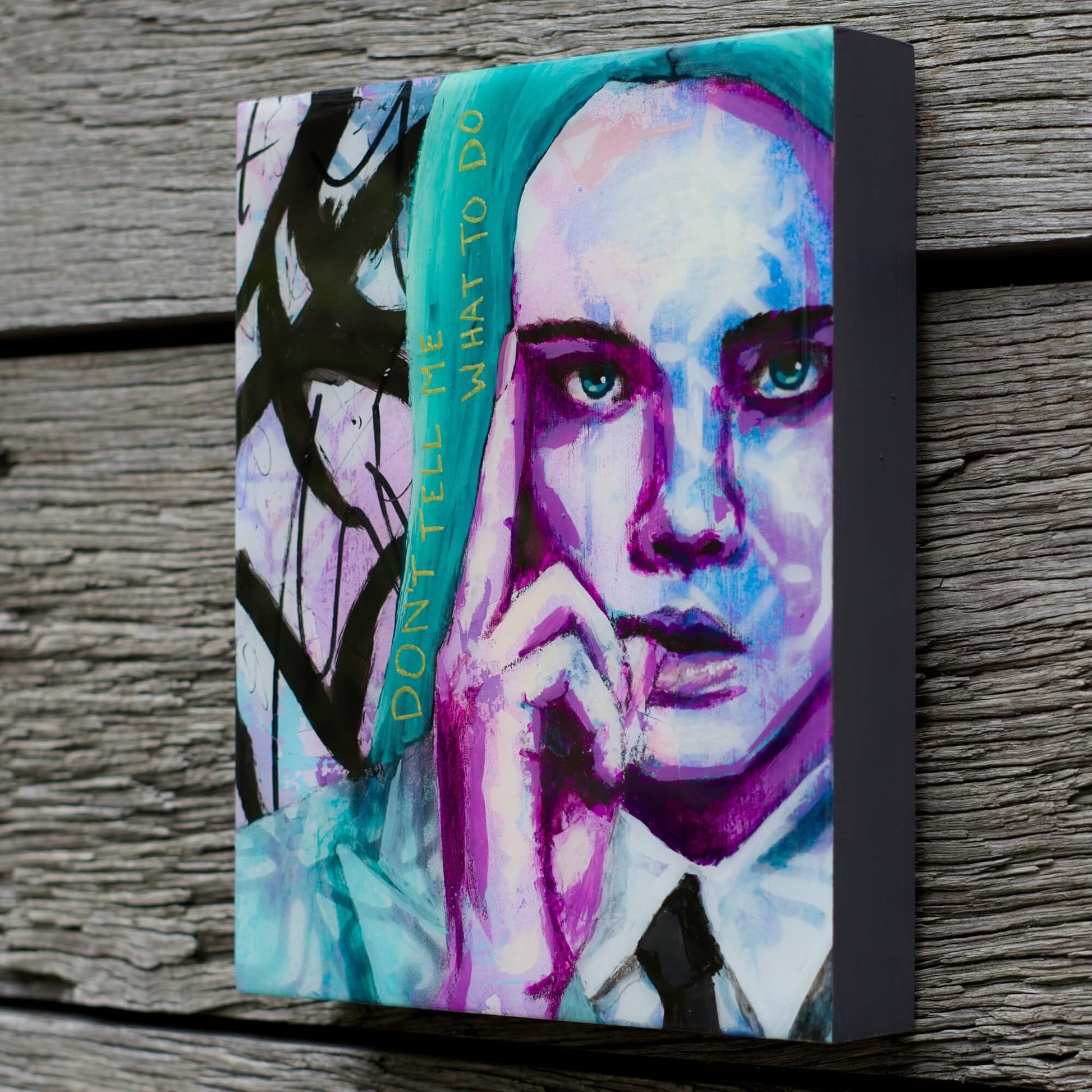 Artwork for Sale – Mini Street Art Style Painting – Teal Purple & Gold – Mixed Media Art – 'Don't Tell Me' – Art Wall Painting Criss Chaney