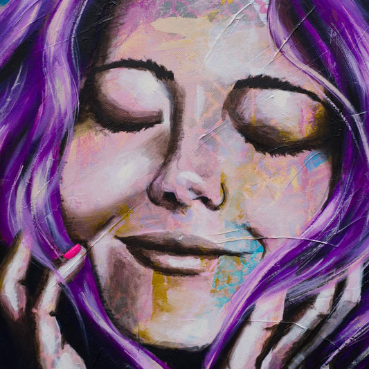 Artworks for Sale – Purple & Gold Painting of Woman – Mixed Media Art – 'Dreamer' – Art Wall Painting by Criss Chaney