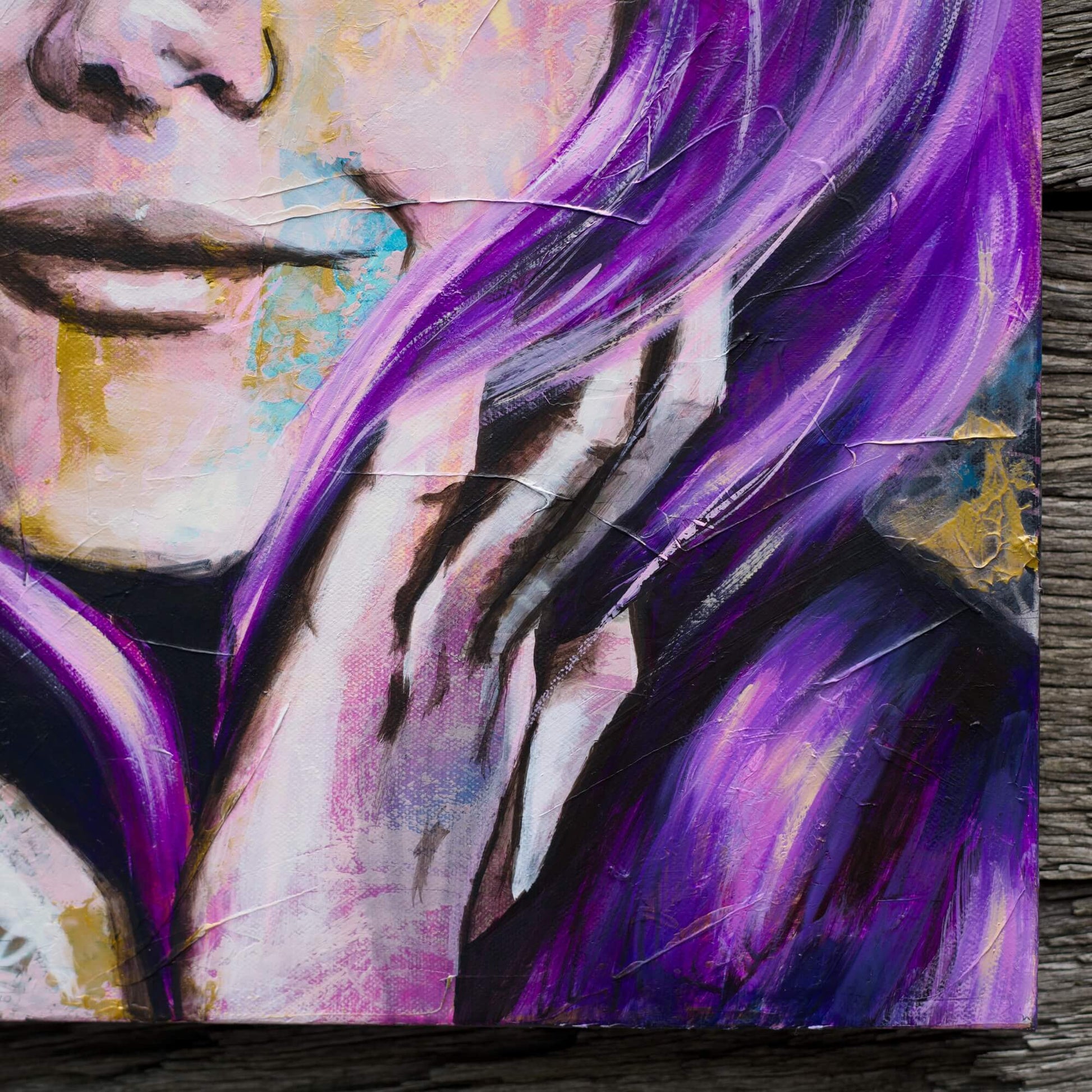 Artworks for Sale – Purple & Gold Painting of Woman – Mixed Media Art – 'Dreamer' – Art Wall Painting by Criss Chaney