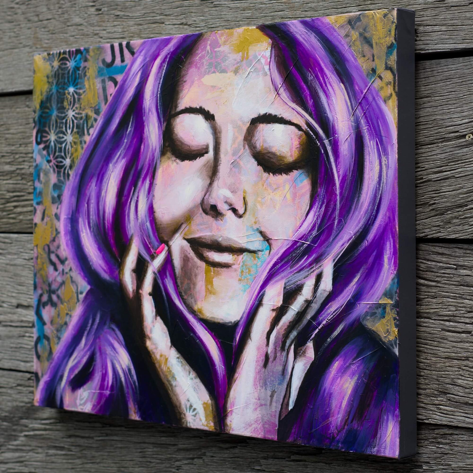 Artworks for Sale – Purple & Gold Painting of Woman – Mixed Media Art – 'Dreamer' – Art Wall Painting by Criss Chaney