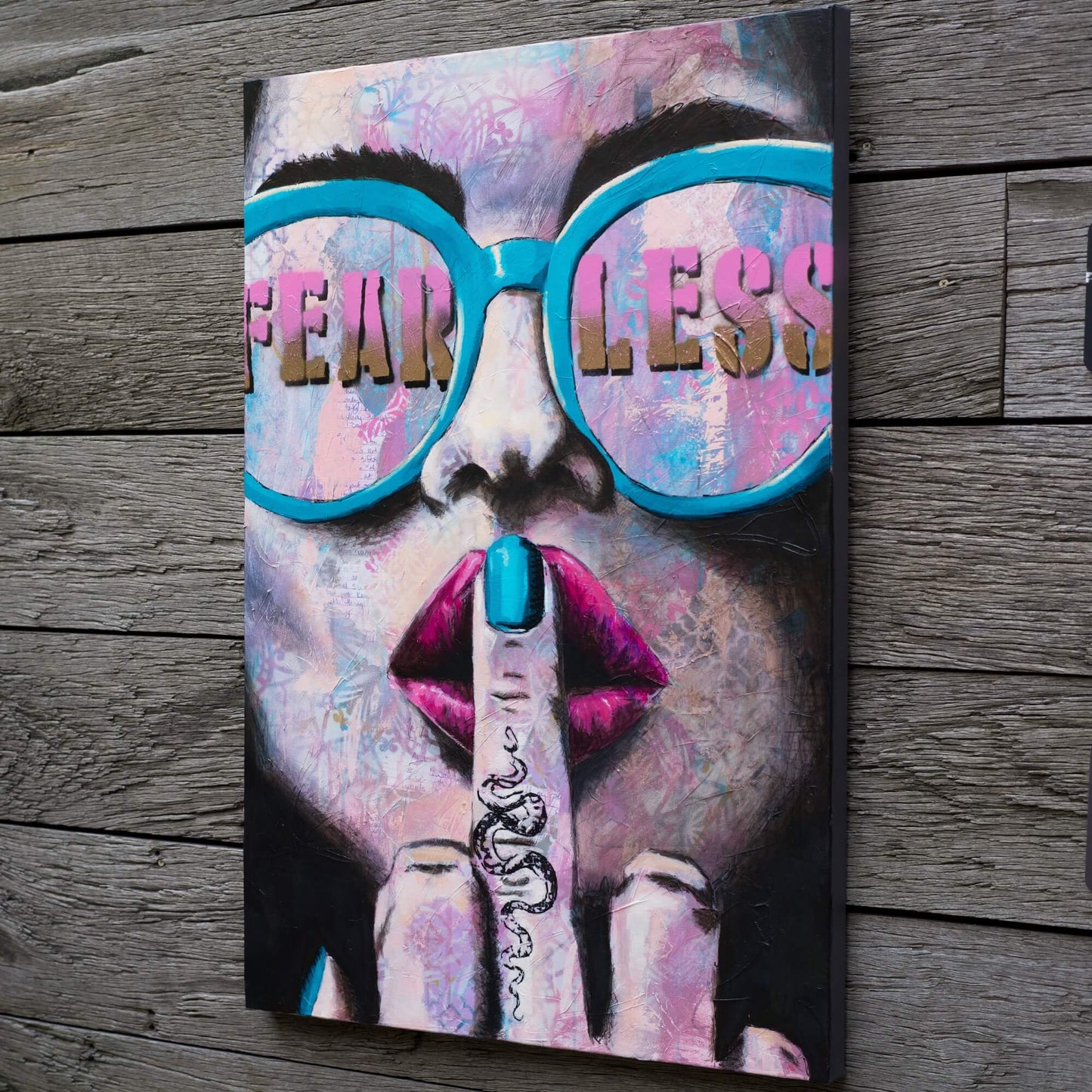 Artworks for Sale –  Colourful Painting of Woman – Teal, Pink & Purple – Feminine Street  Art – 'Fear Less' – Art Wall Painting by Criss Chaney