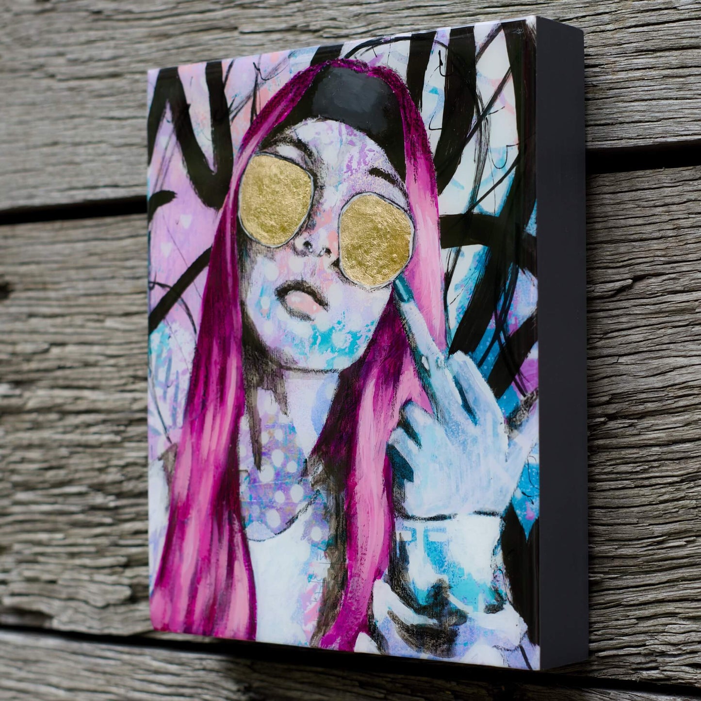 Artwork for Sale – Mini Street Art Style Painting – Pink & Gold – Mixed Media Art – 'Feeling Breezy' – Art Wall Painting Criss Chaney