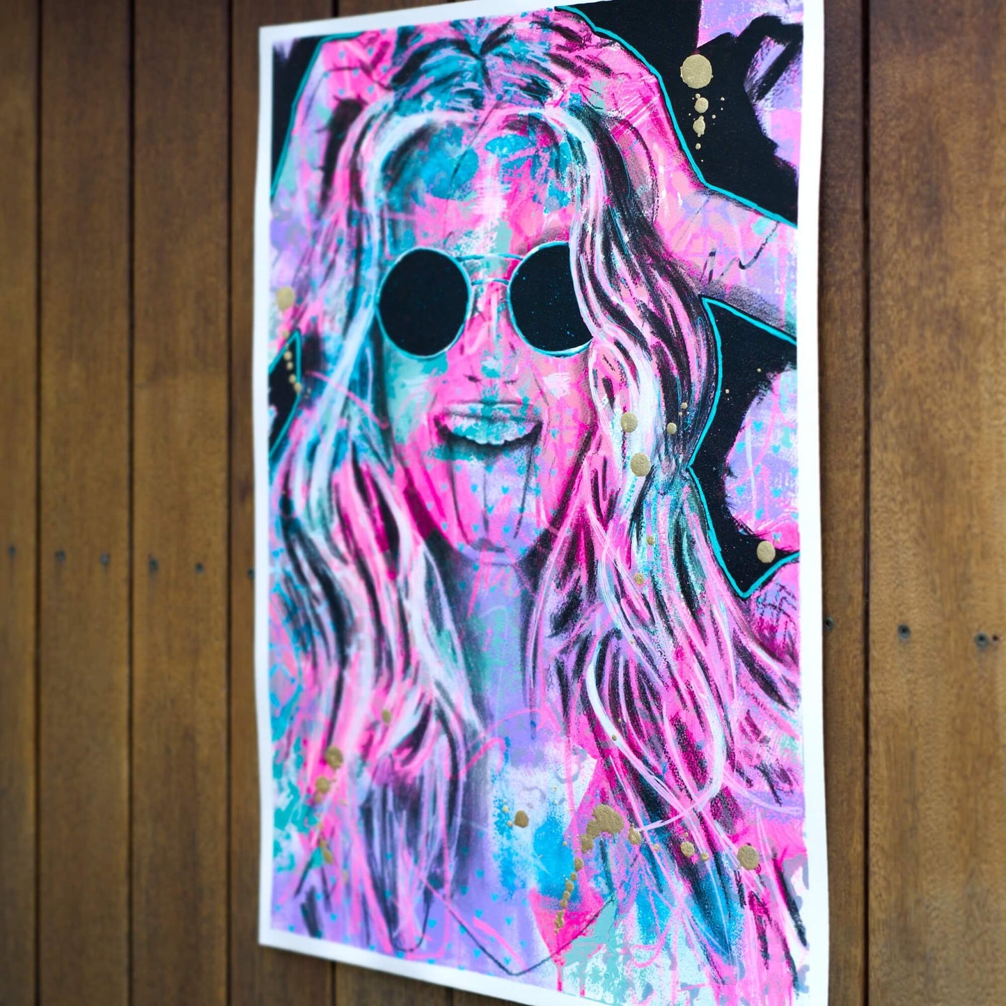 Artworks for Sale – A2 Colourful Portrait of Woman – Hot Pink & Purple  - 'Full Hectic' – Art Wall Painting by Criss Chaney