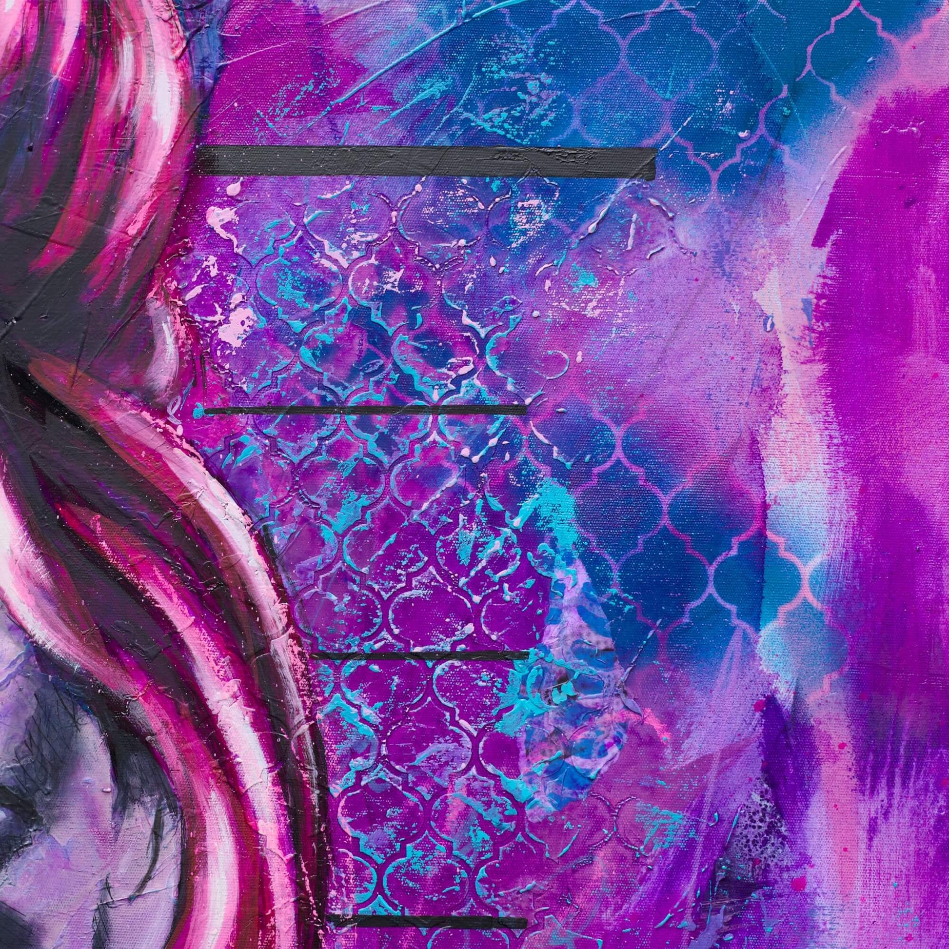 painting of a woman at lineup hot pink hair bad art street art style