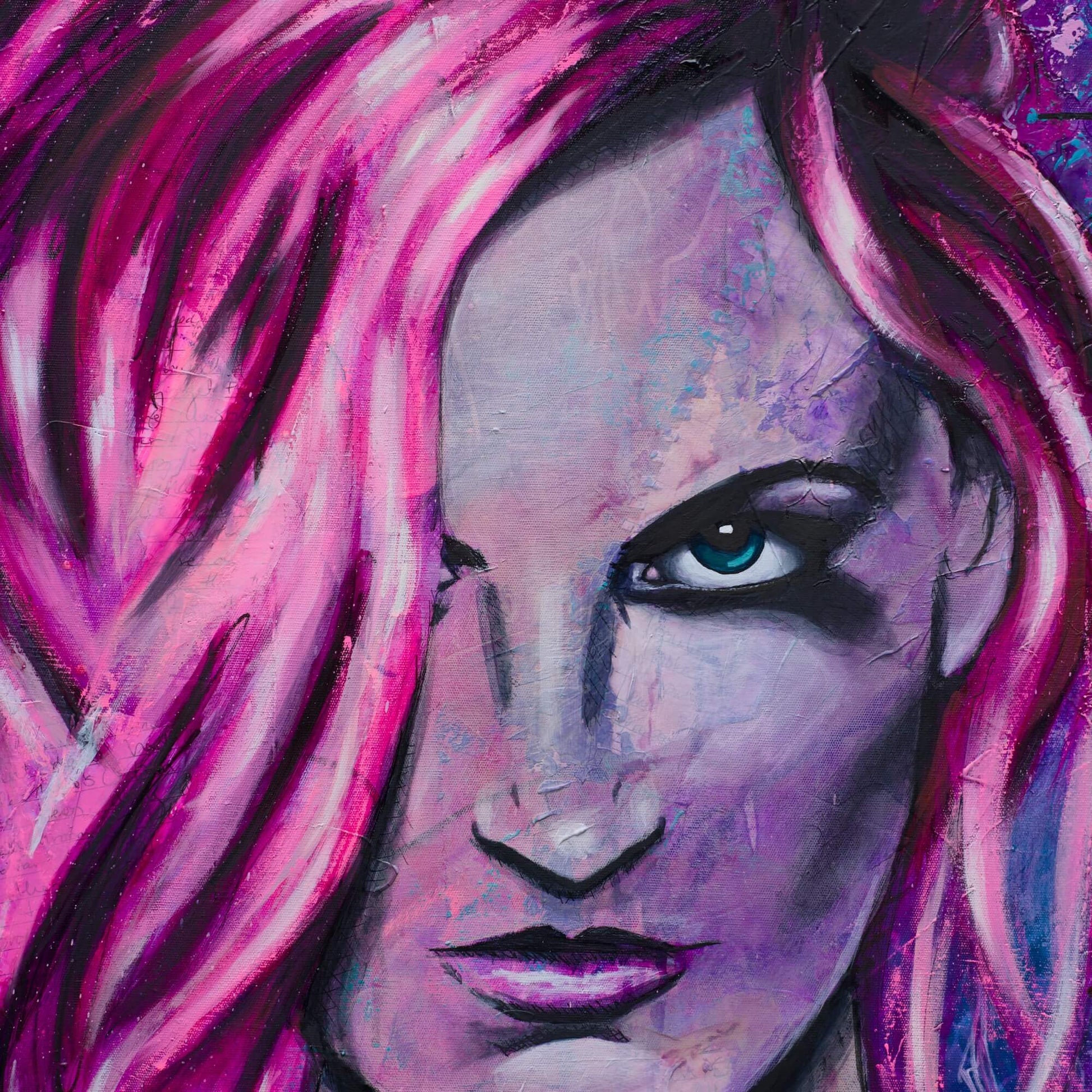 painting of a woman at lineup hot pink hair bad art street art style