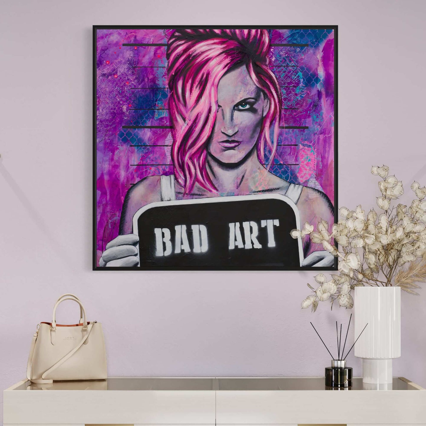 painting of a woman at lineup hot pink hair bad art street art style