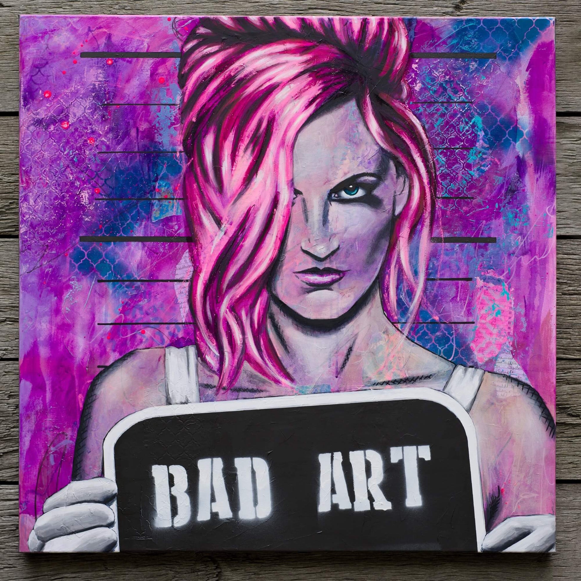 painting of a woman at lineup hot pink hair bad art street art style