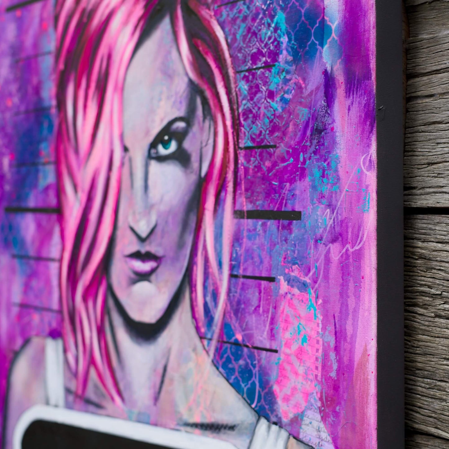 painting of a woman at lineup hot pink hair bad art street art style