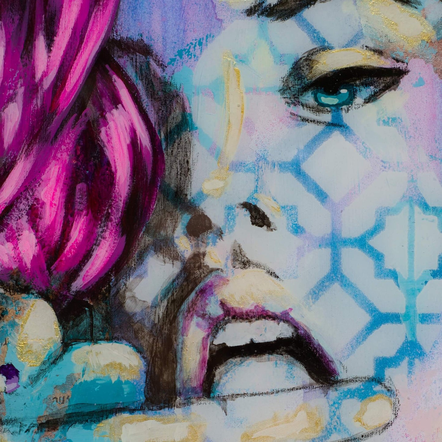 Artwork for Sale – Mini Street Art Style Painting – Hot Pink & Gold – Mixed Media Art – 'Golden Girl' – Art Wall Painting Criss Chaney