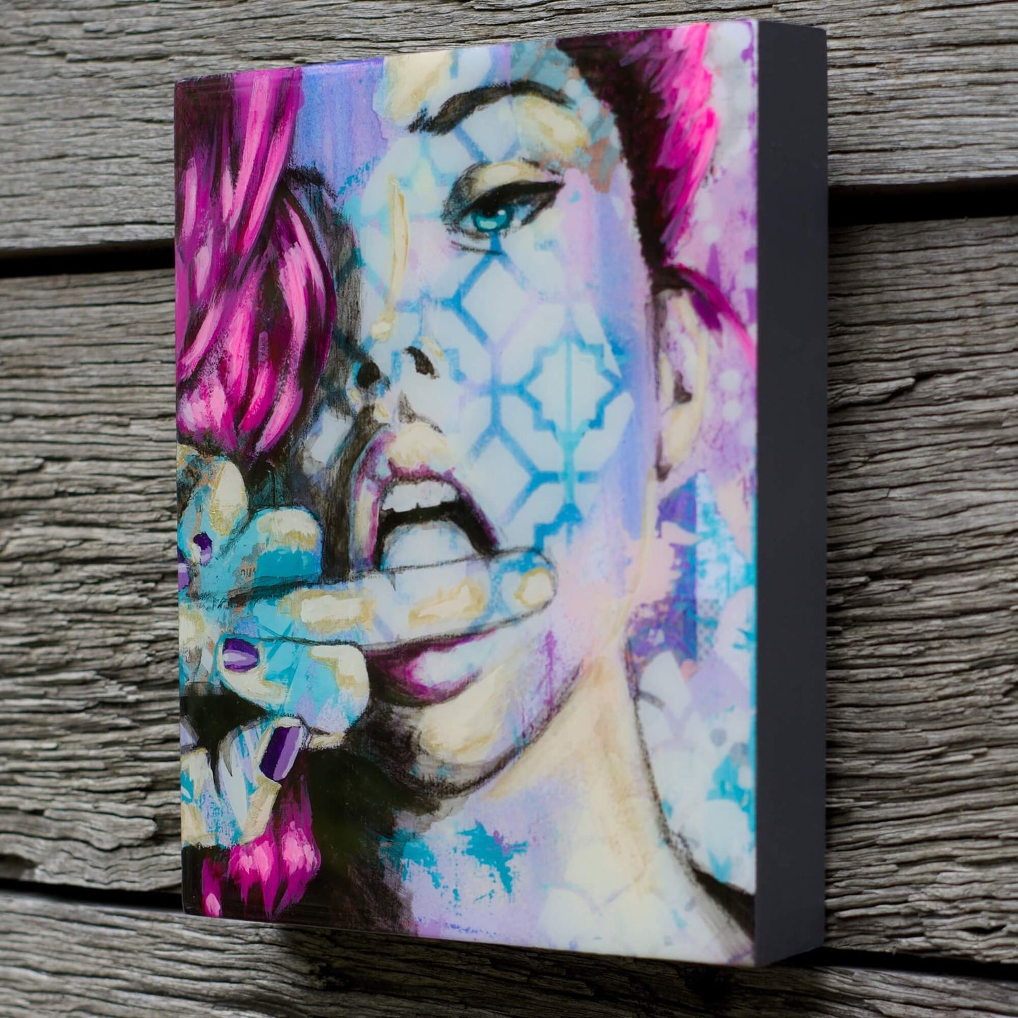 Artwork for Sale – Mini Street Art Style Painting – Hot Pink & Gold – Mixed Media Art – 'Golden Girl' – Art Wall Painting Criss Chaney