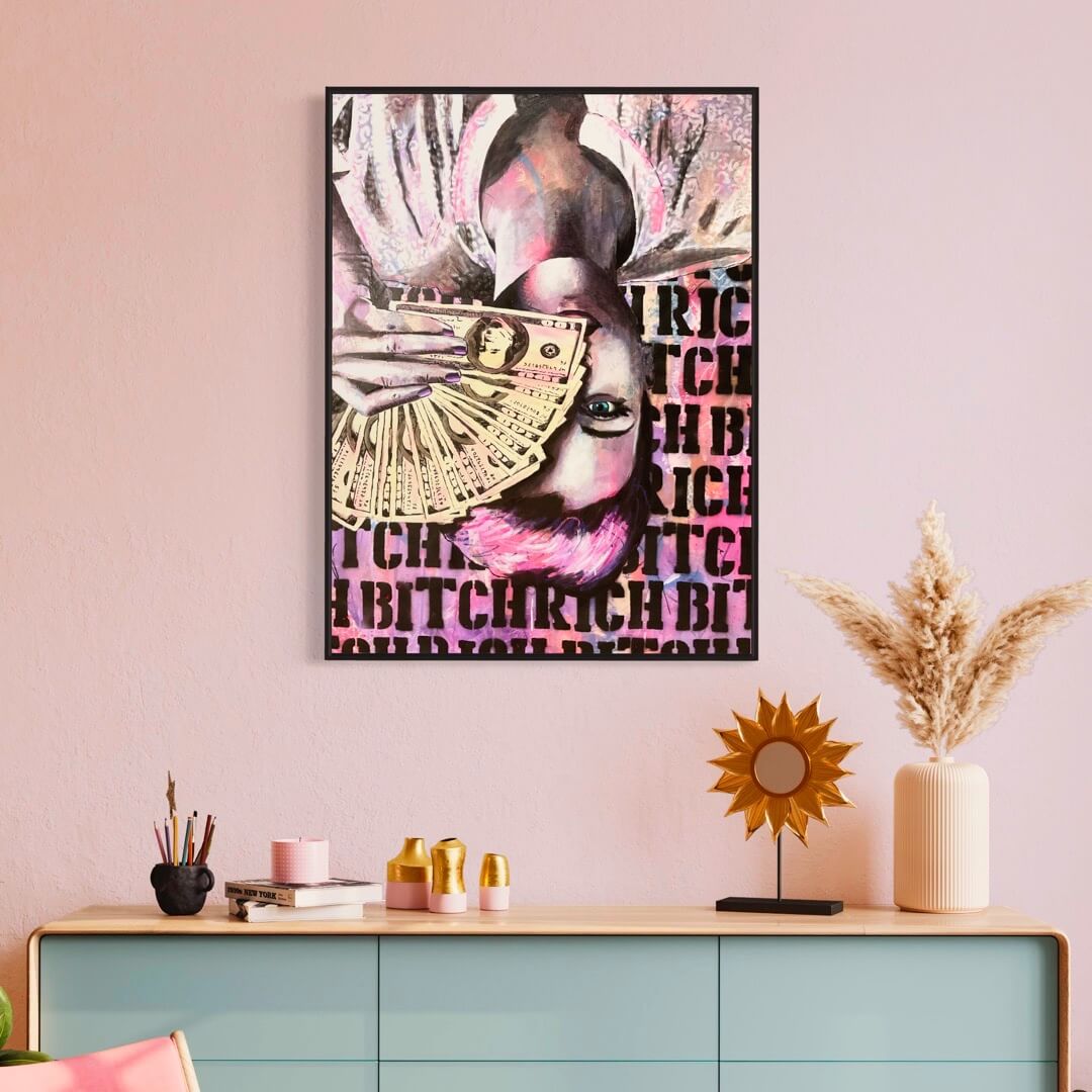 Criss Chaney, woman with money, Urban Pop Art, Contemporary Mixed Media Graffiti Style Fusion, Neo-Feminist Street Art