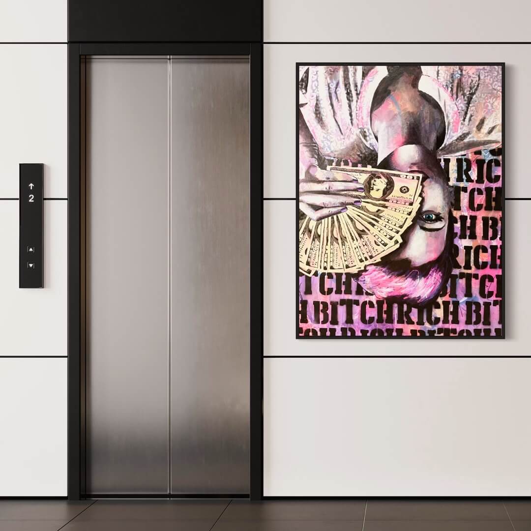 A modern painting featuring a stylized female figure with money in her hand, displayed on a wall in a sleek, modern elevator.