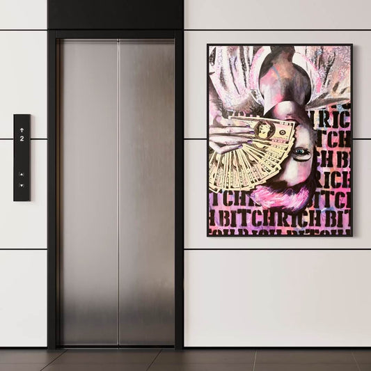 A modern painting featuring a stylized female figure with money in her hand, displayed on a wall in a sleek, modern elevator.