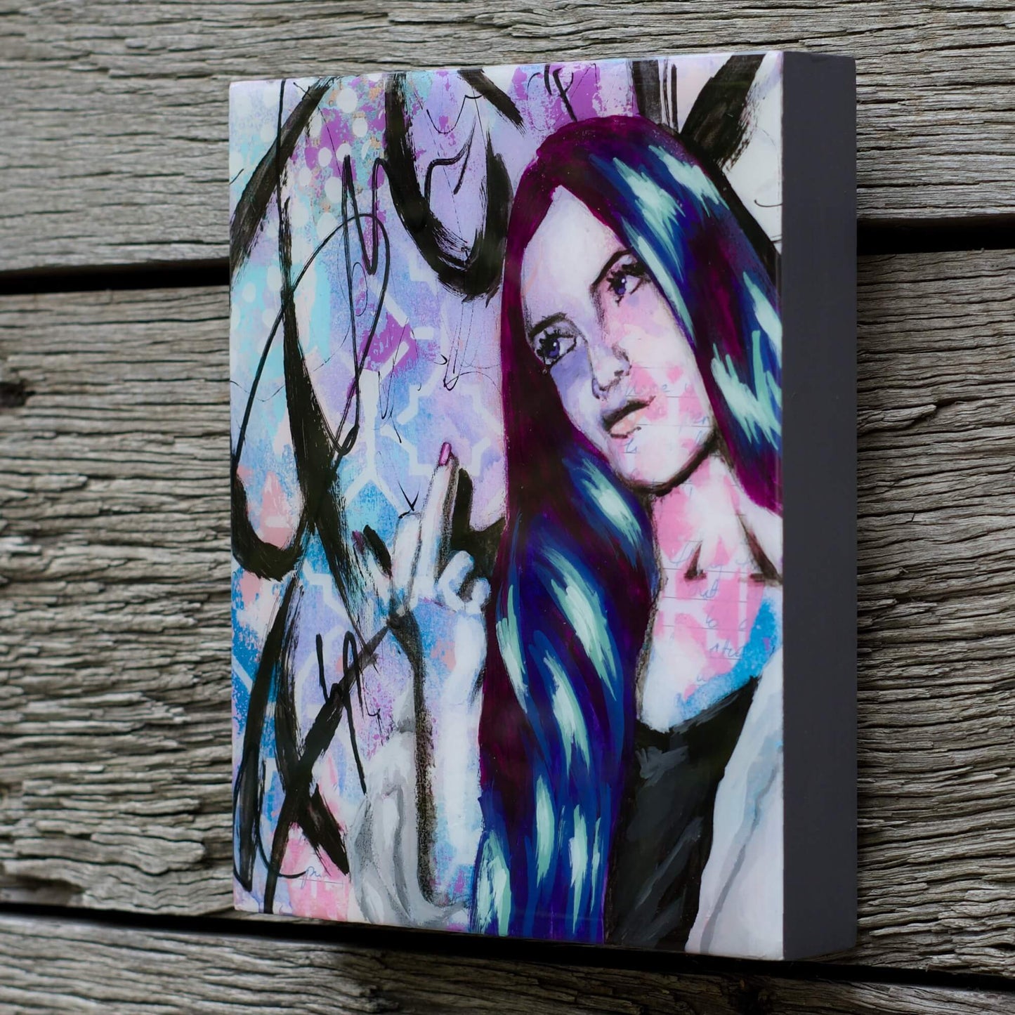 Artwork for Sale – Mini Street Art Style Painting – Teal Purple & Gold – Mixed Media Art – 'Hayley' – Art Wall Painting Criss Chaney