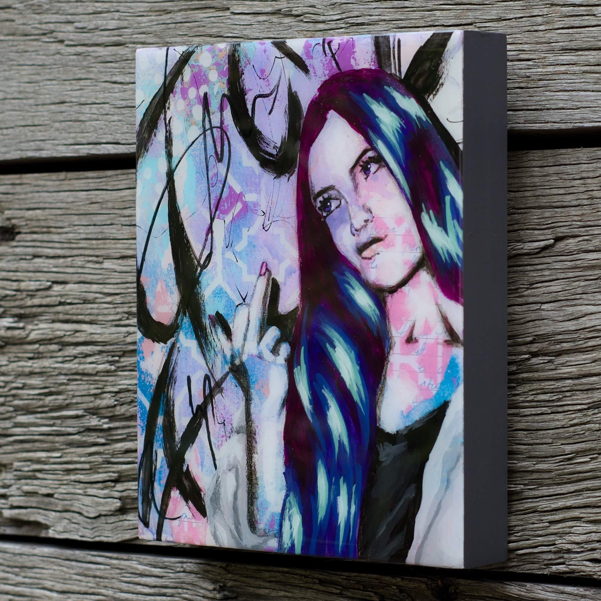 Artwork for Sale – Mini Street Art Style Painting – Teal Purple & Gold – Mixed Media Art – 'Hayley' – Art Wall Painting Criss Chaney