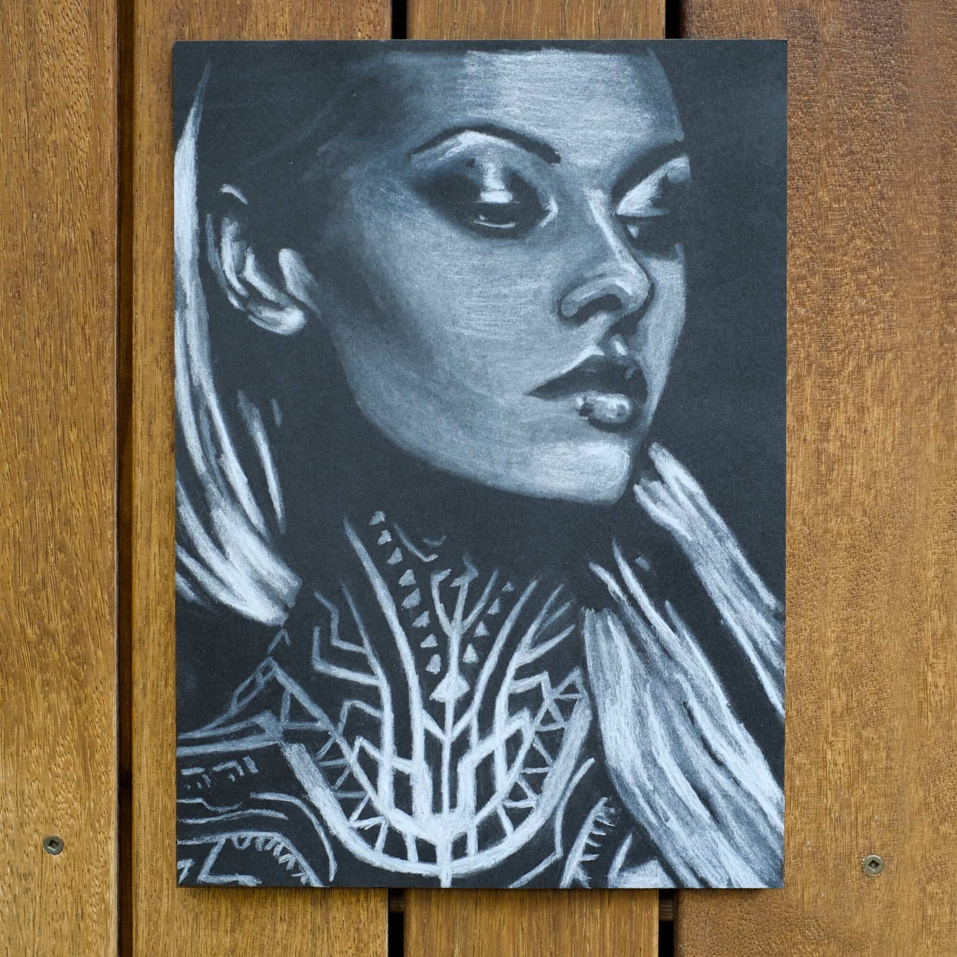 black and white drawing of a woman with a neck tattoo  Criss Chaney, Urban Pop Art,  Contemporary Mixed Media Graffiti Style Fusion, Neo-Feminist Street Art