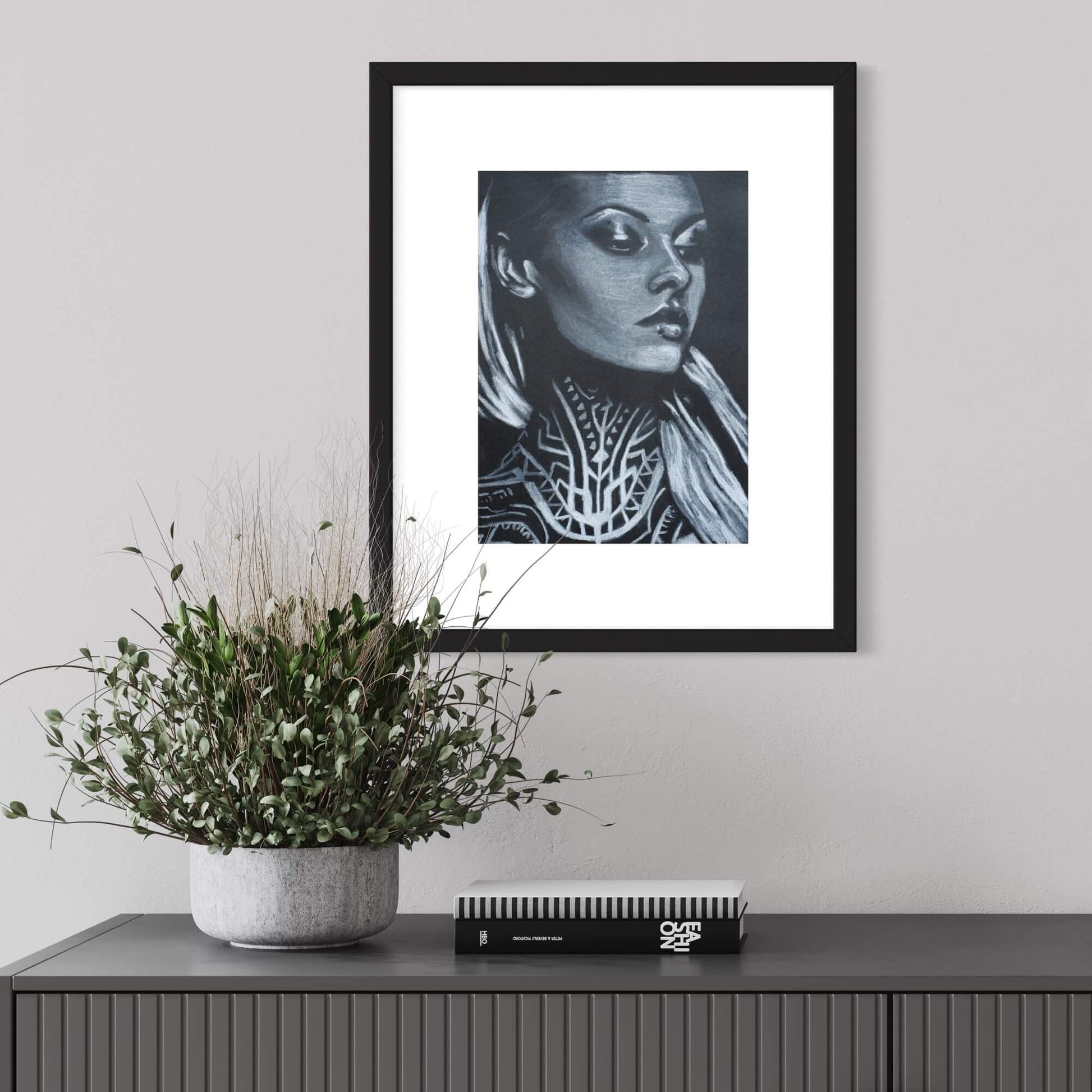 black and white drawing of a woman with a neck tattoo  Criss Chaney, Urban Pop Art,  Contemporary Mixed Media Graffiti Style Fusion, Neo-Feminist Street Art