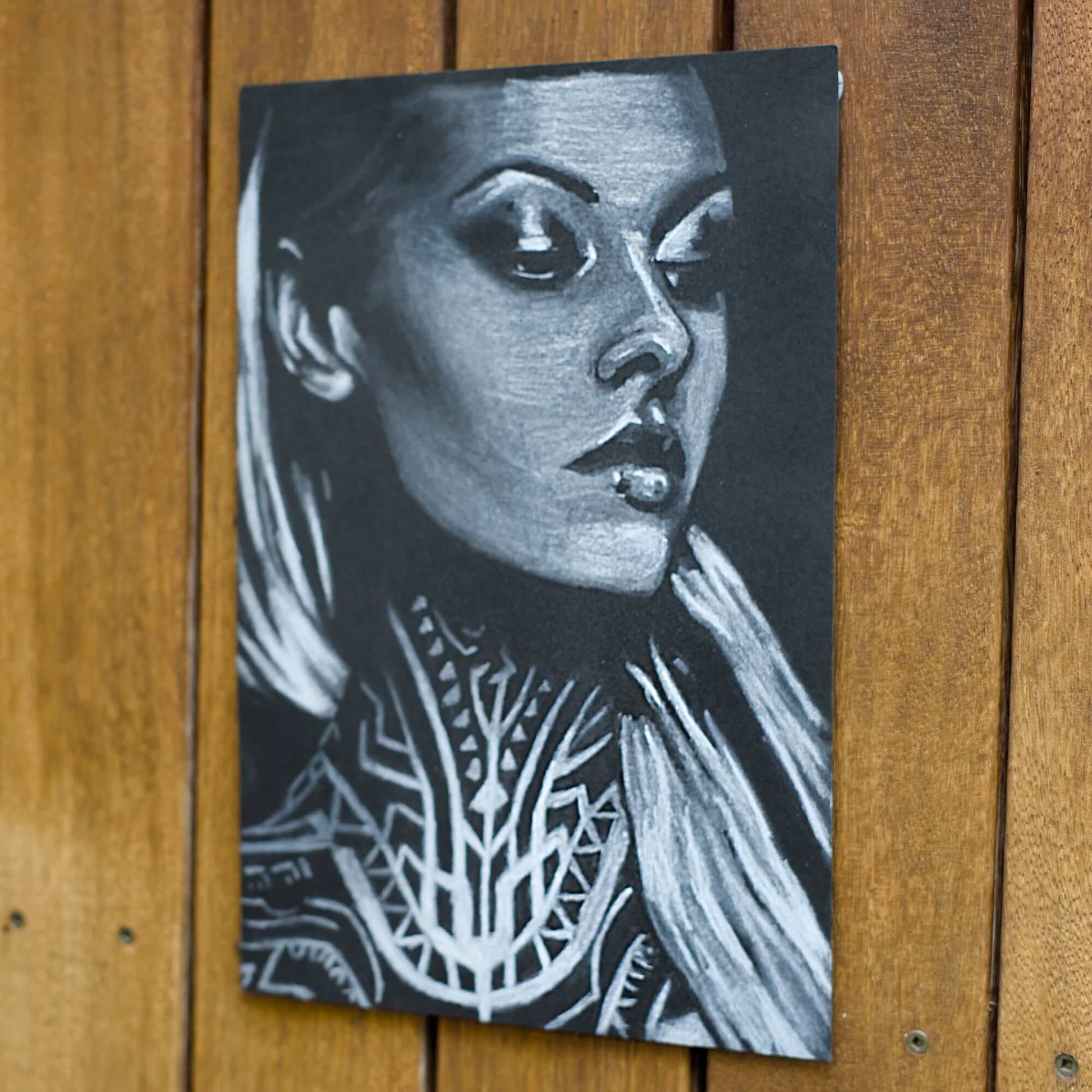 black and white drawing of a woman with a neck tattoo  Criss Chaney, Urban Pop Art,  Contemporary Mixed Media Graffiti Style Fusion, Neo-Feminist Street Art