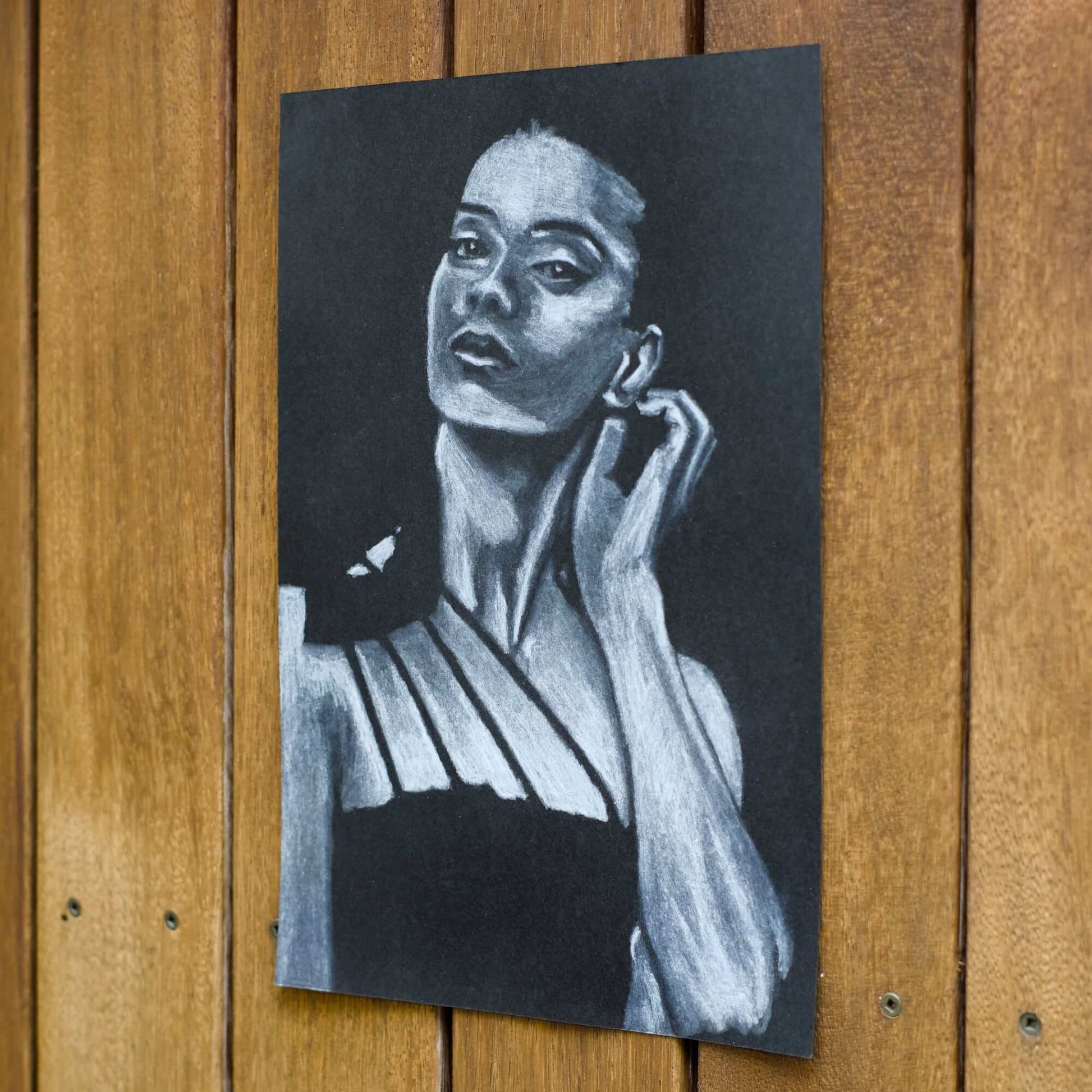 black and white drawing of a woman holding her ear  Criss Chaney, Urban Pop Art,  Contemporary Mixed Media Graffiti Style Fusion, Neo-Feminist Street Art