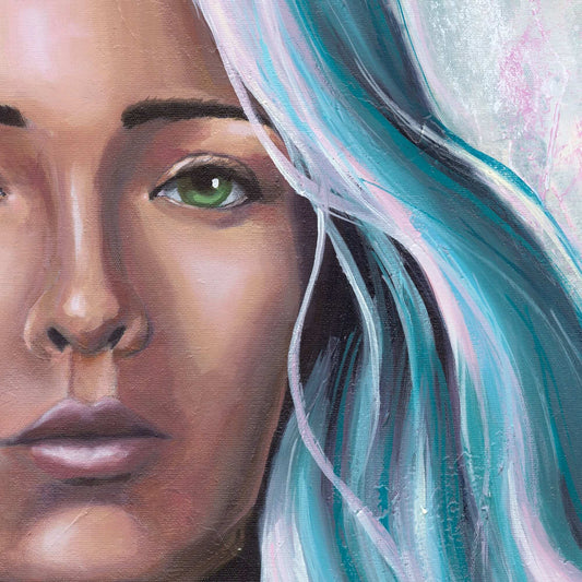 original floral woman painting, grounded feminine strength artwork with bold modern presence