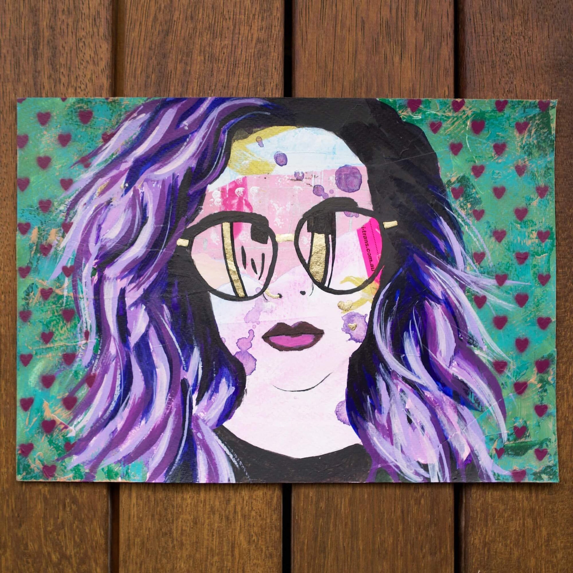 mixed media portrait woman with purple hair wearing sunglasses