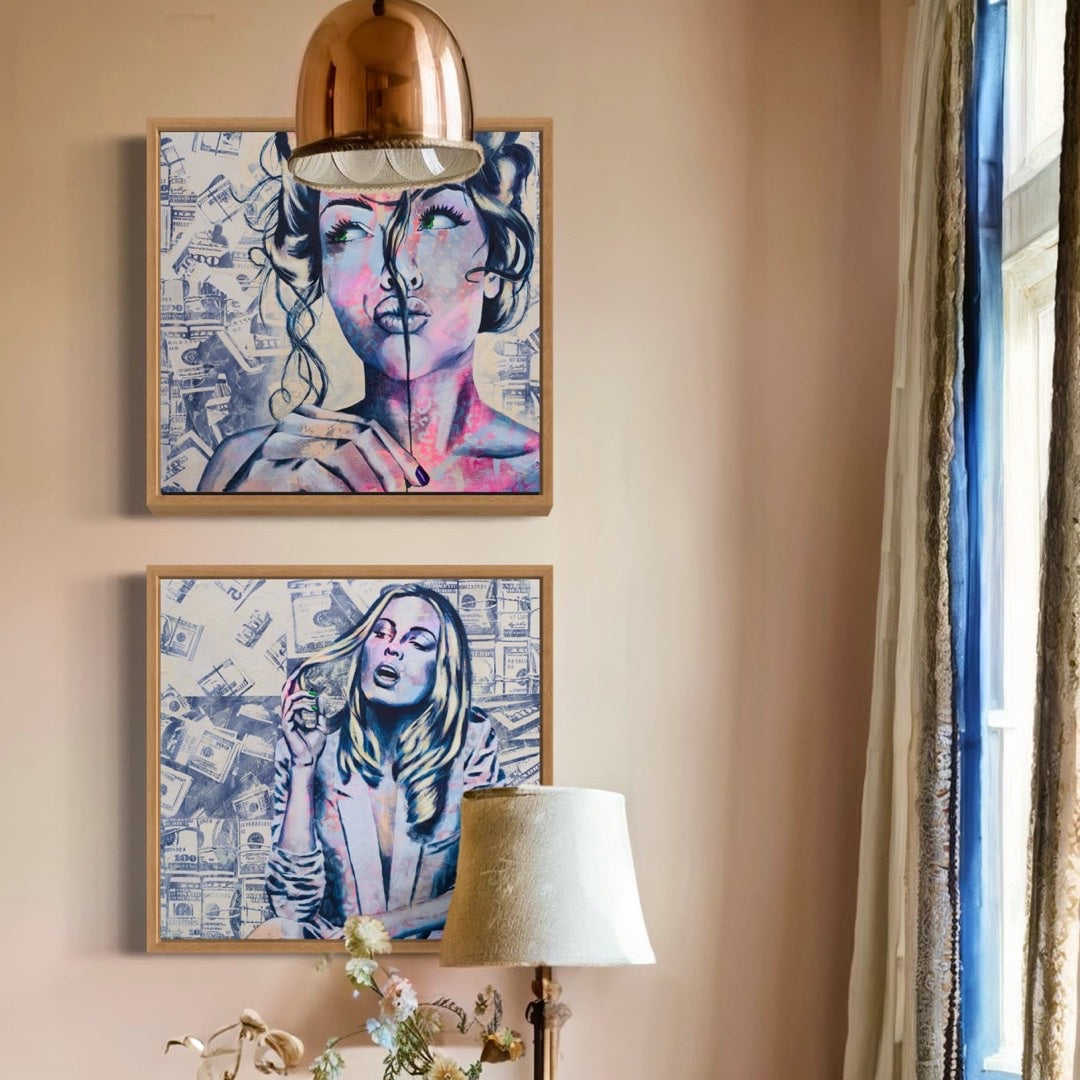 Criss Chaney, Blue and white Urban Pop Art,  Contemporary Mixed Media Graffiti Style Fusion, Neo-Feminist Street Art