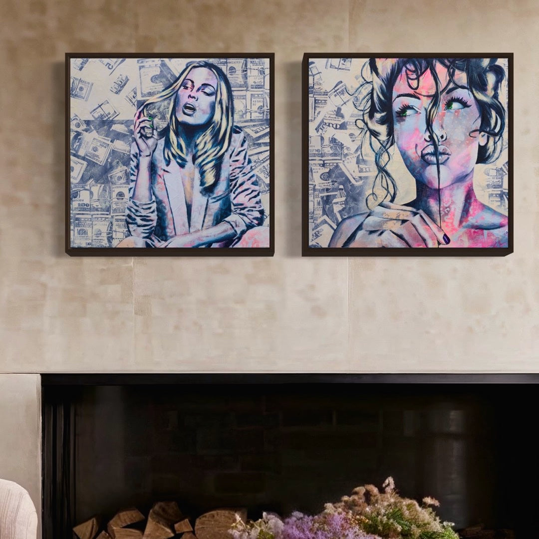 Criss Chaney, Blue and white Urban Pop Art,  Contemporary Mixed Media Graffiti Style Fusion, Neo-Feminist Street Art