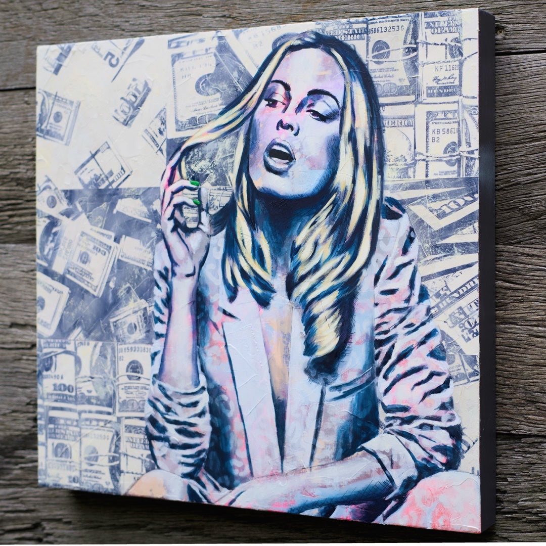 Criss Chaney, Blue and white Urban Pop Art,  Contemporary Mixed Media Graffiti Style Fusion, Neo-Feminist Street Art