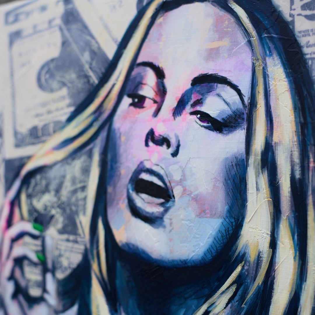 Criss Chaney, Blue and white Urban Pop Art,  Contemporary Mixed Media Graffiti Style Fusion, Neo-Feminist Street Art