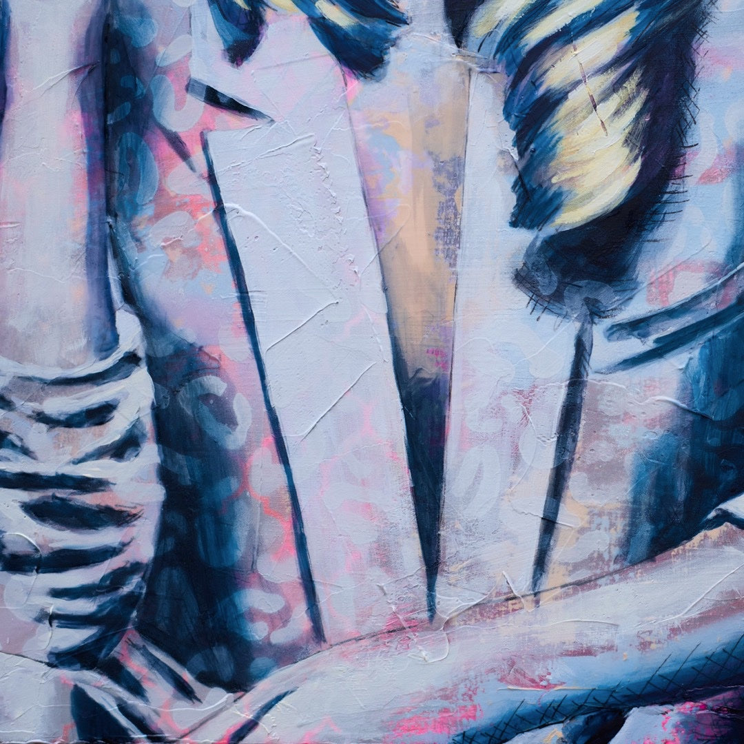 Criss Chaney, Blue and white Urban Pop Art,  Contemporary Mixed Media Graffiti Style Fusion, Neo-Feminist Street Art