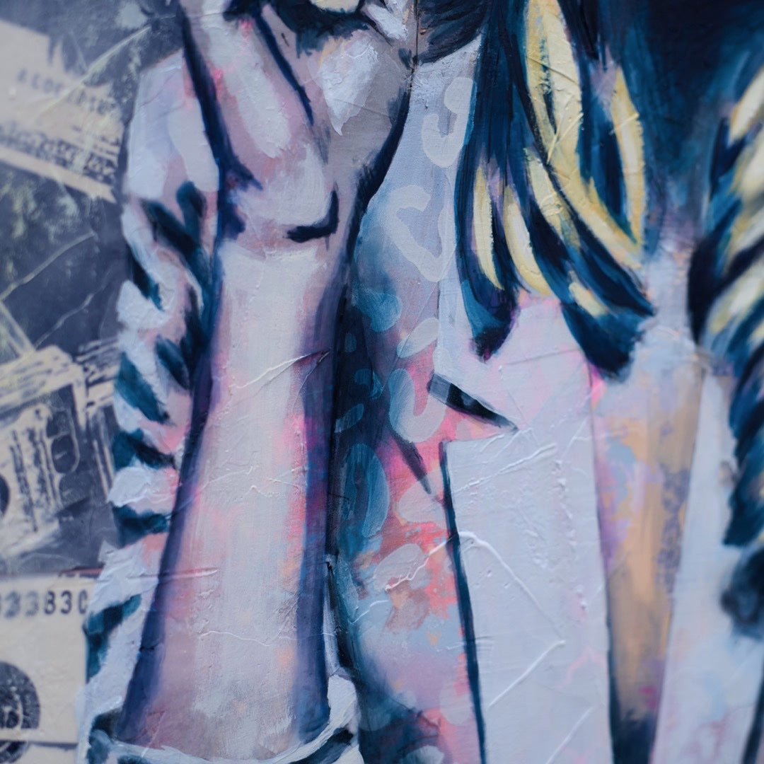 Criss Chaney, Blue and white Urban Pop Art,  Contemporary Mixed Media Graffiti Style Fusion, Neo-Feminist Street Art