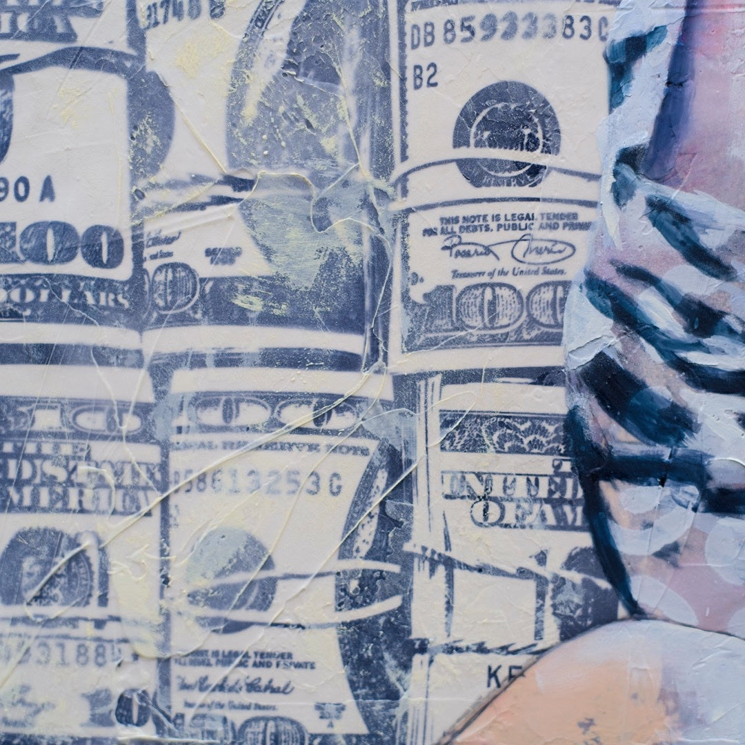 Criss Chaney, Blue and white Urban Pop Art,  Contemporary Mixed Media Graffiti Style Fusion, Neo-Feminist Street Art