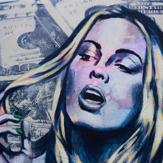 Criss Chaney, Blue and white Urban Pop Art,  Contemporary Mixed Media Graffiti Style Fusion, Neo-Feminist Street Art