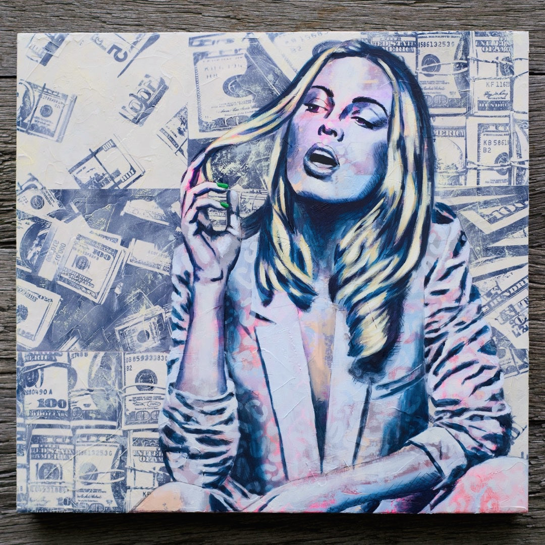 Criss Chaney, Blue and white Urban Pop Art,  Contemporary Mixed Media Graffiti Style Fusion, Neo-Feminist Street Art