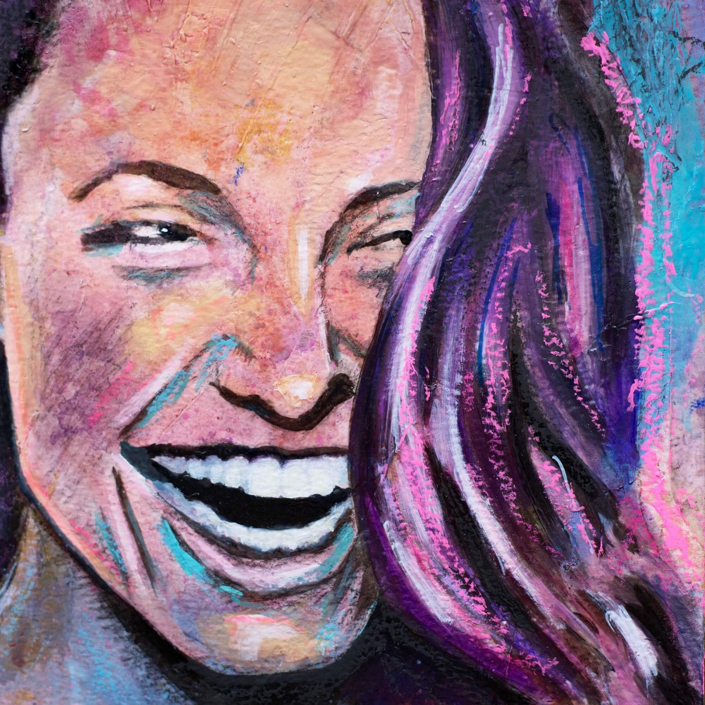 art wall painting, colourful painting of a woman Angelina Jolie Fan art, woman laughing painting pink purple blue