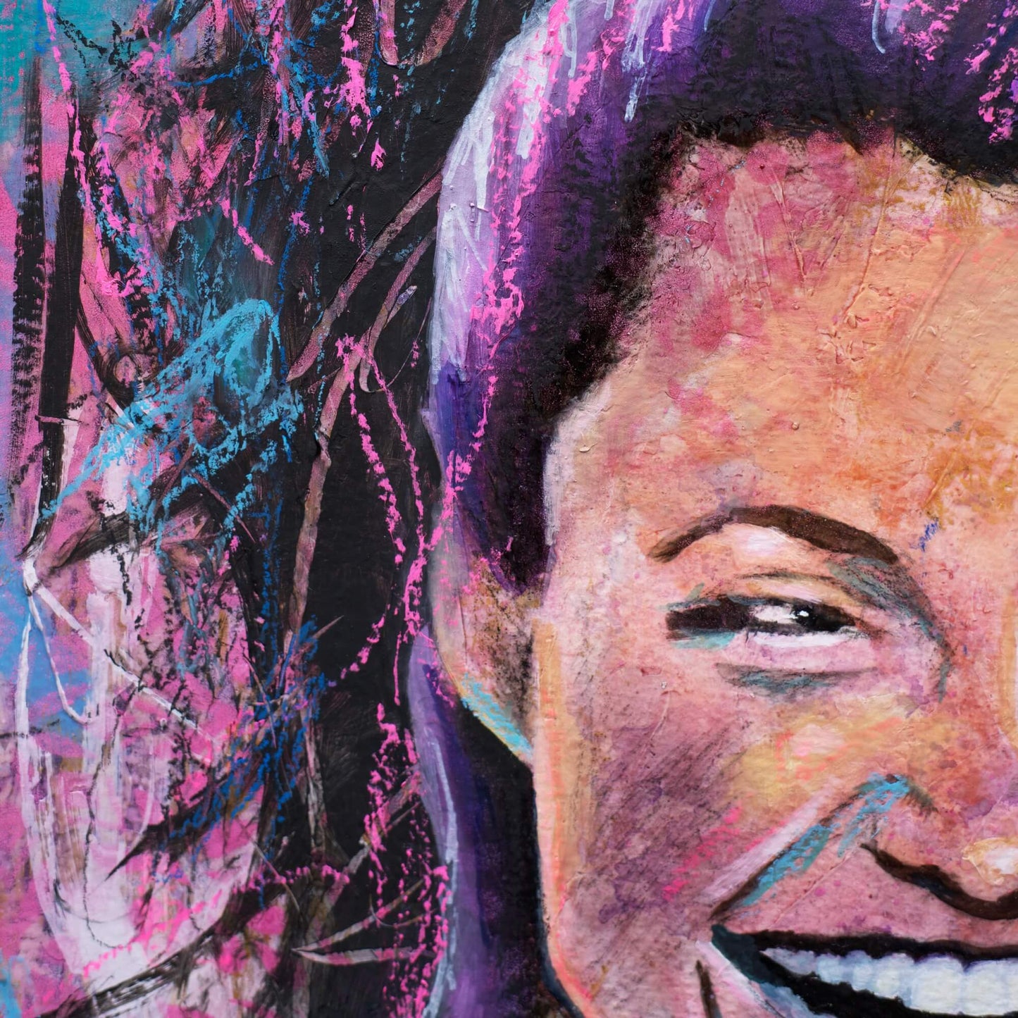 art wall painting, colourful painting of a woman Angelina Jolie Fan art, woman laughing painting pink purple blue